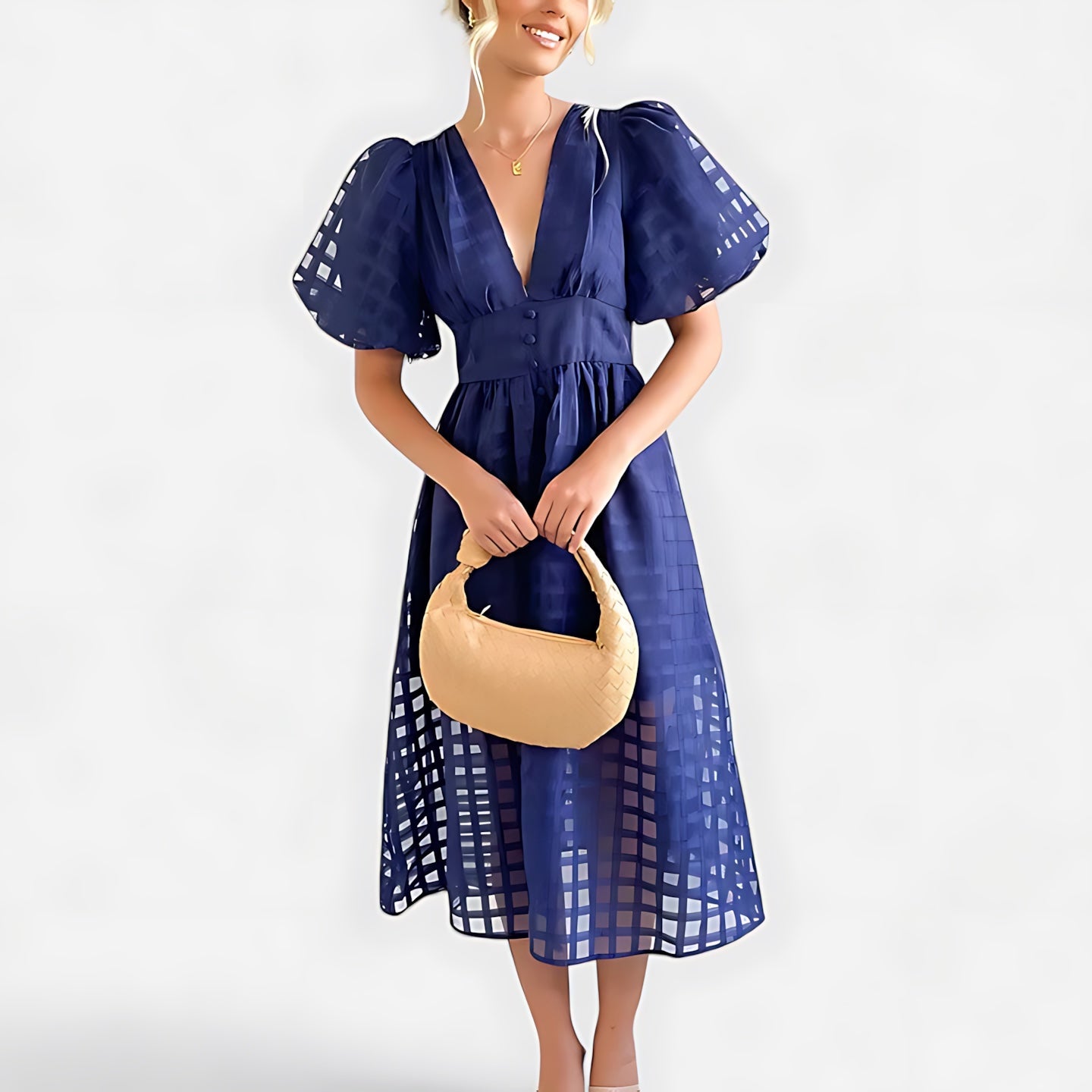 Noelle – Puff Sleeve V Neck Cocktail Midi Dress