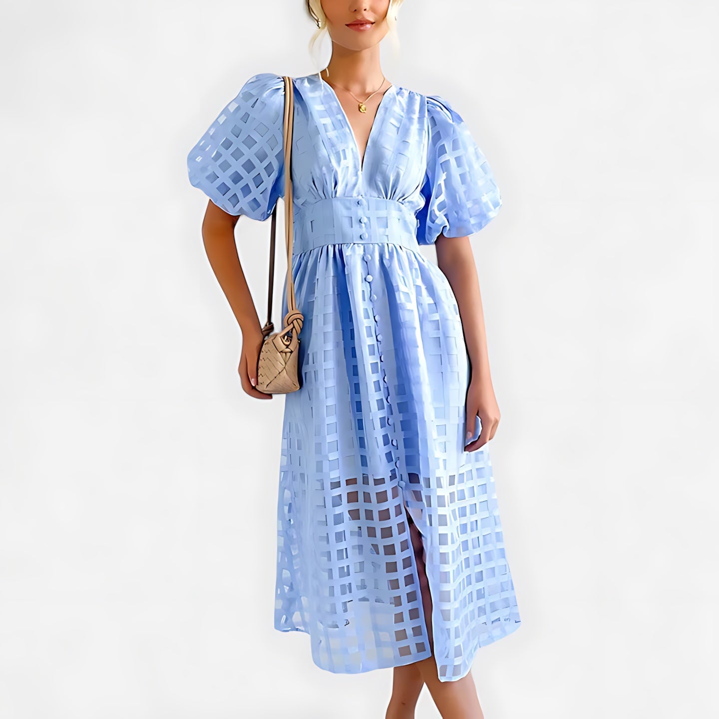 Noelle – Puff Sleeve V Neck Cocktail Midi Dress