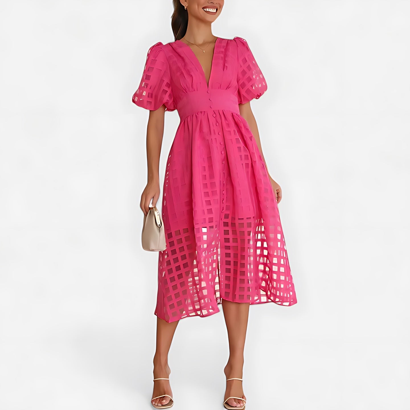 Noelle – Puff Sleeve V Neck Cocktail Midi Dress