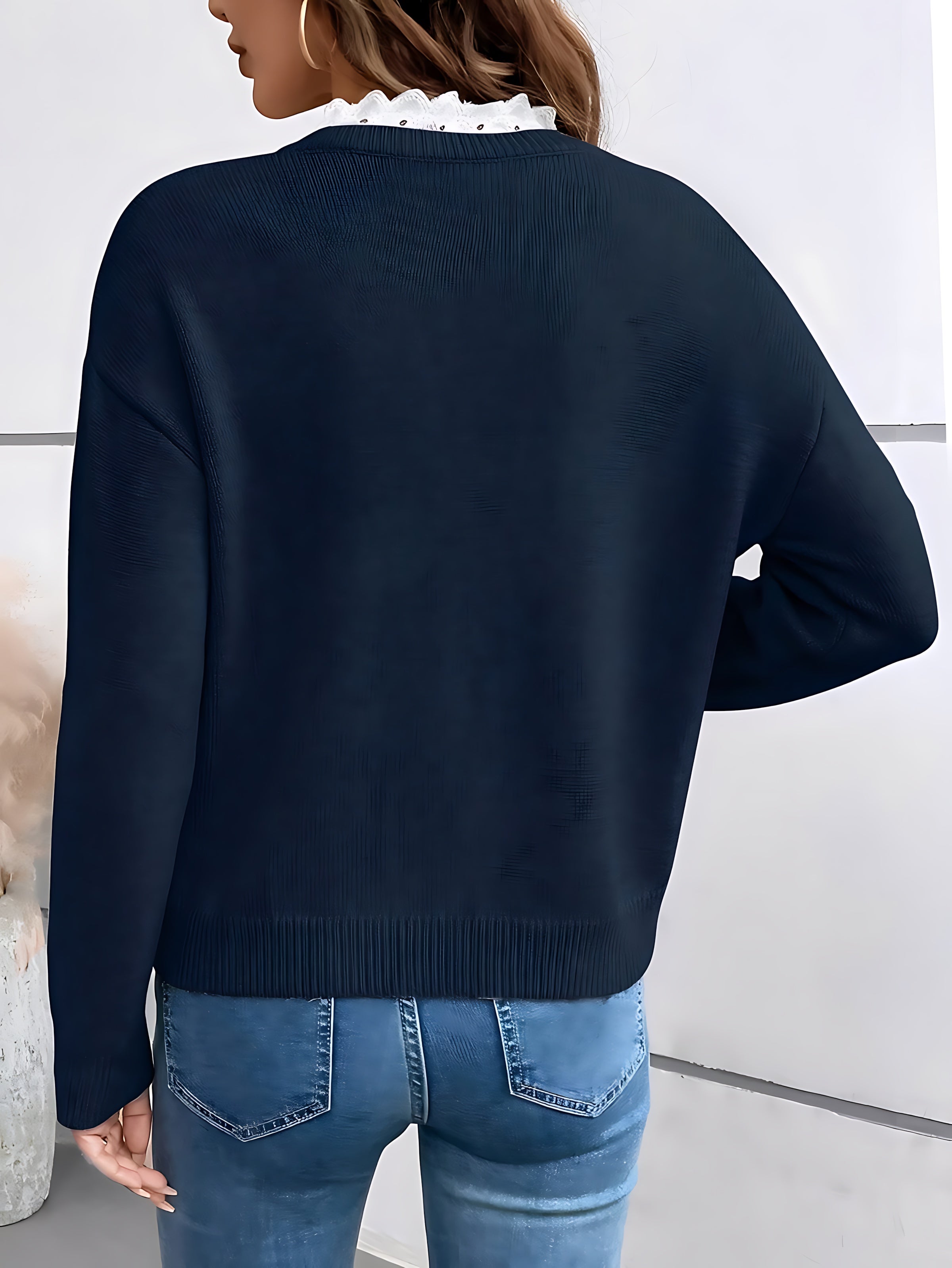 Noelle – V Neck Lace Trim Knit Sweater