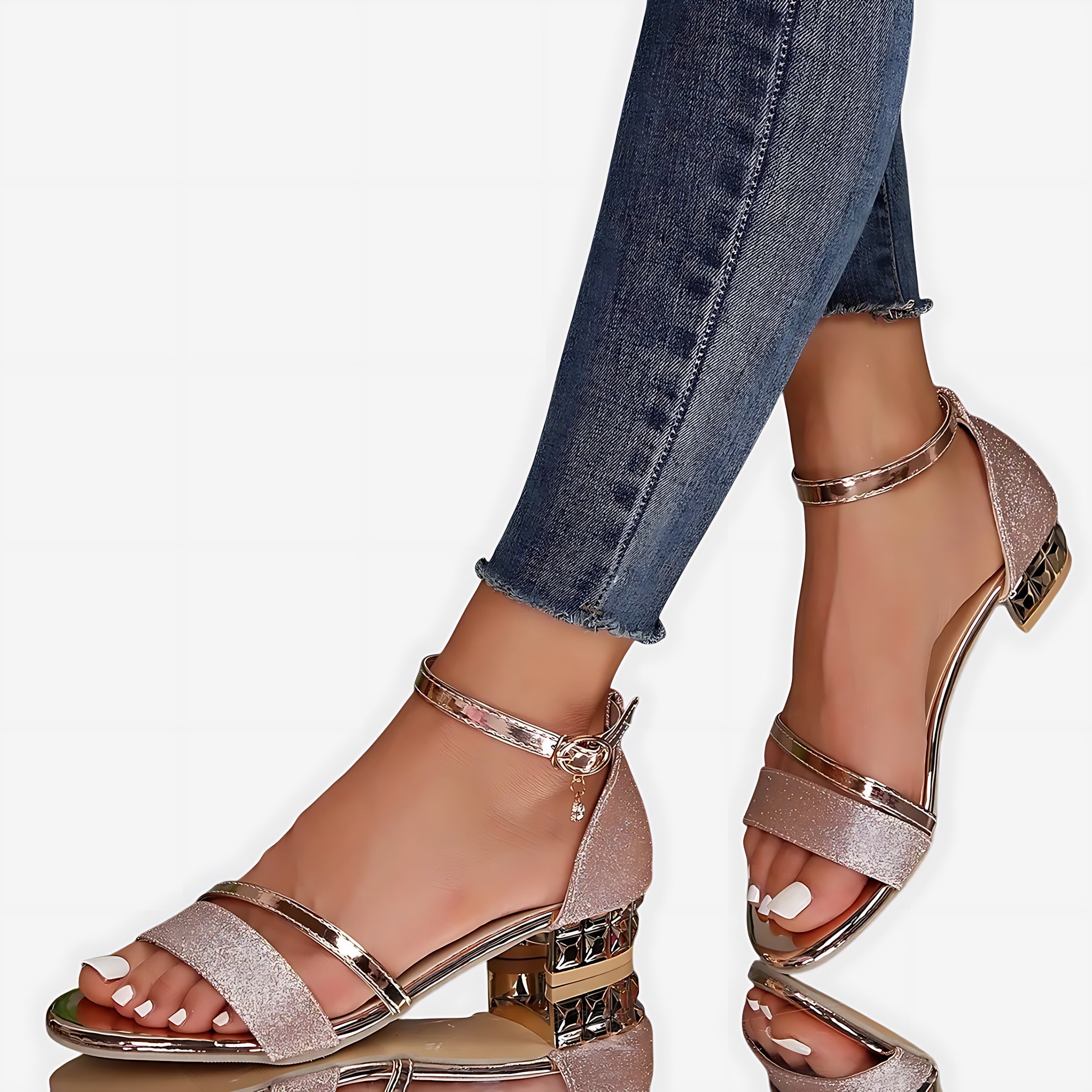Nora – Beaded Ankle Strap Block Heel Sandals