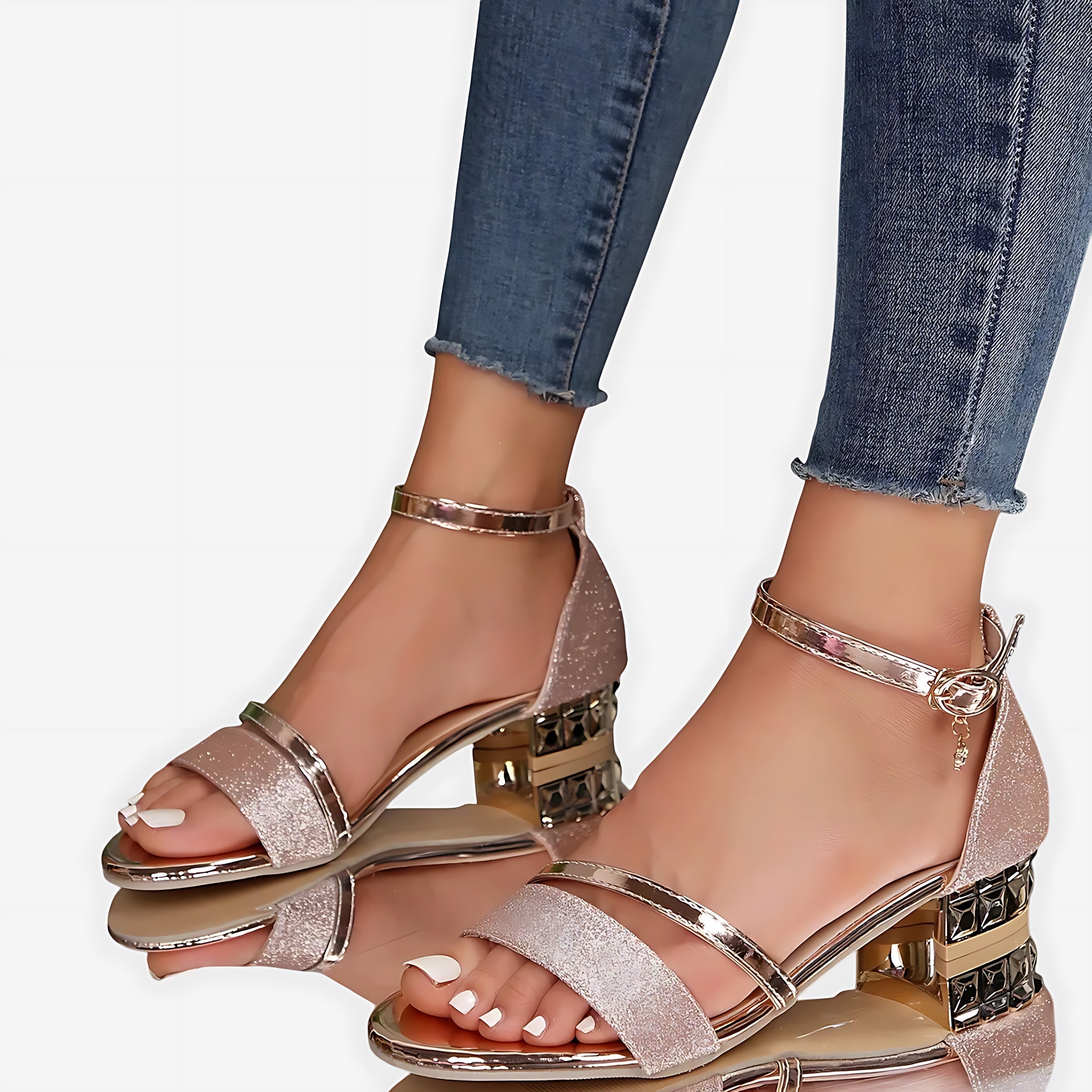 Nora – Beaded Ankle Strap Block Heel Sandals