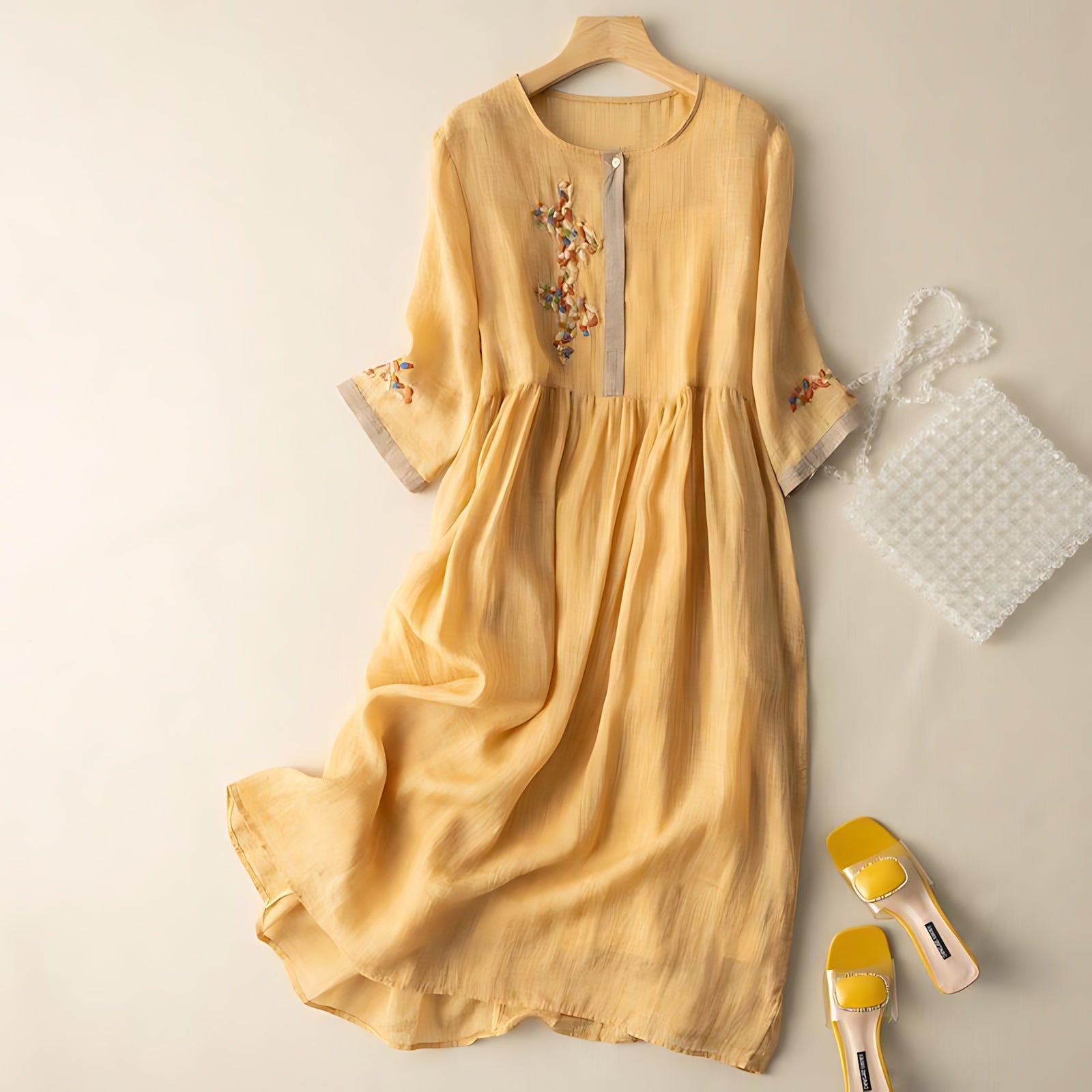 Nora – Bell Sleeve Crew Neck A Line Midi Dress