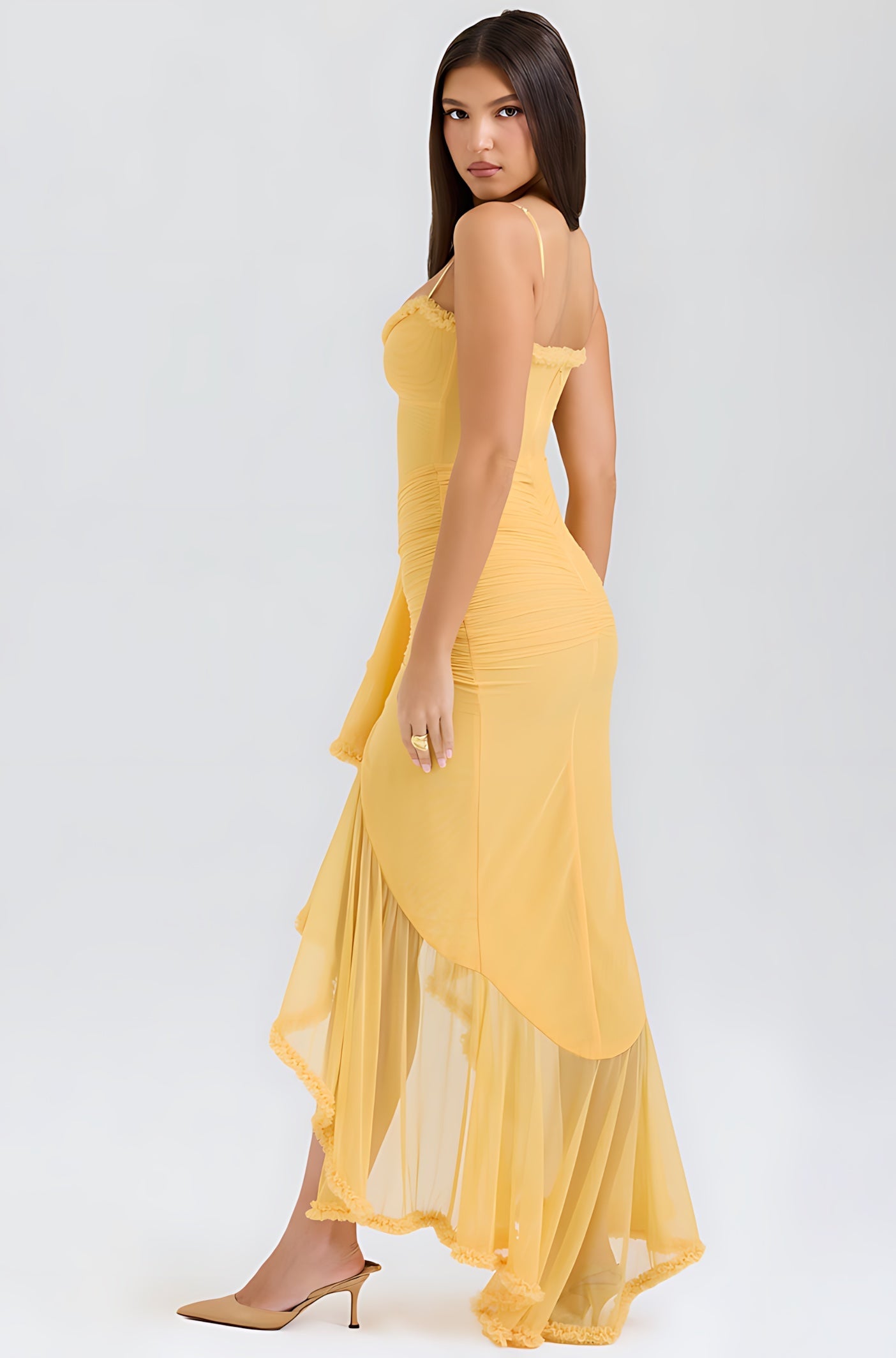 Nora – Ruched Ruffle High Low Party Midi Dress