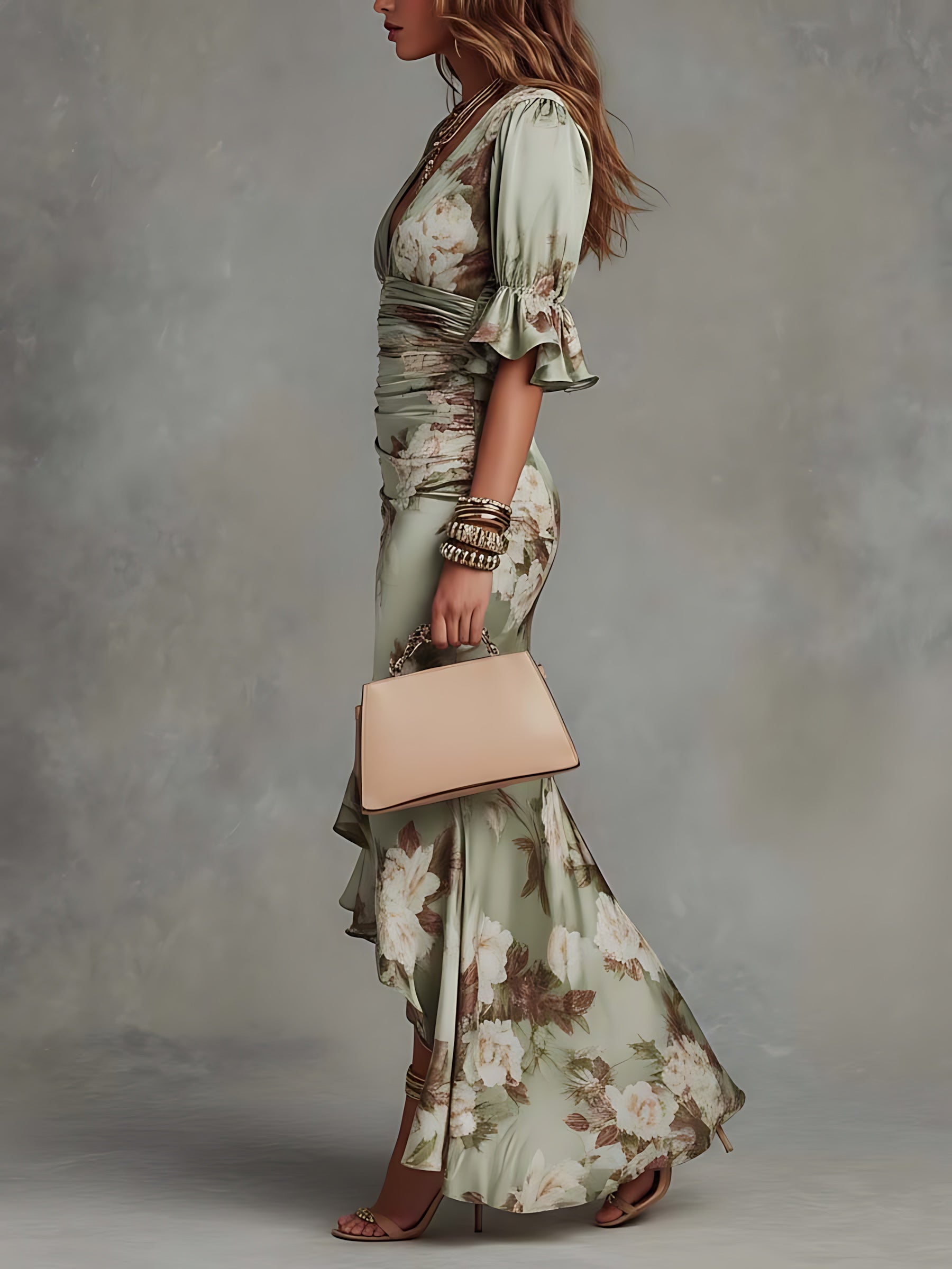 Norah – Floral Print Wrap Ruffle Midi Dress