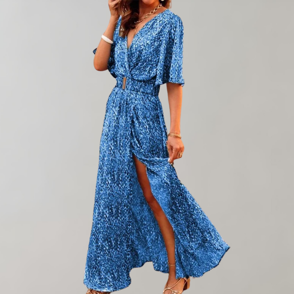 Noelle – Floral Print V Neck Wrap Slit Maxi Dress