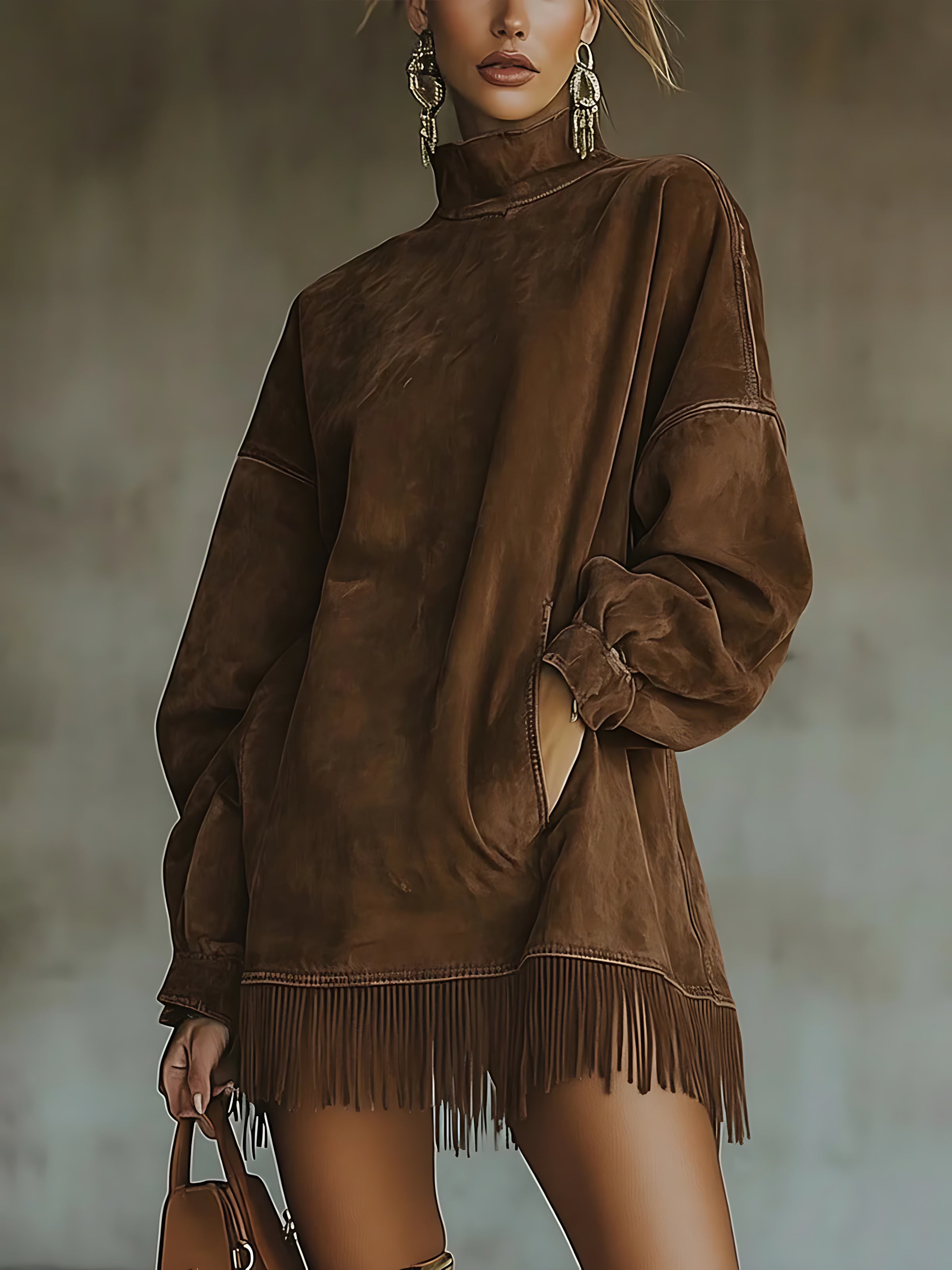 Octavia – Faux Suede Turtleneck Fringe Hem Dress