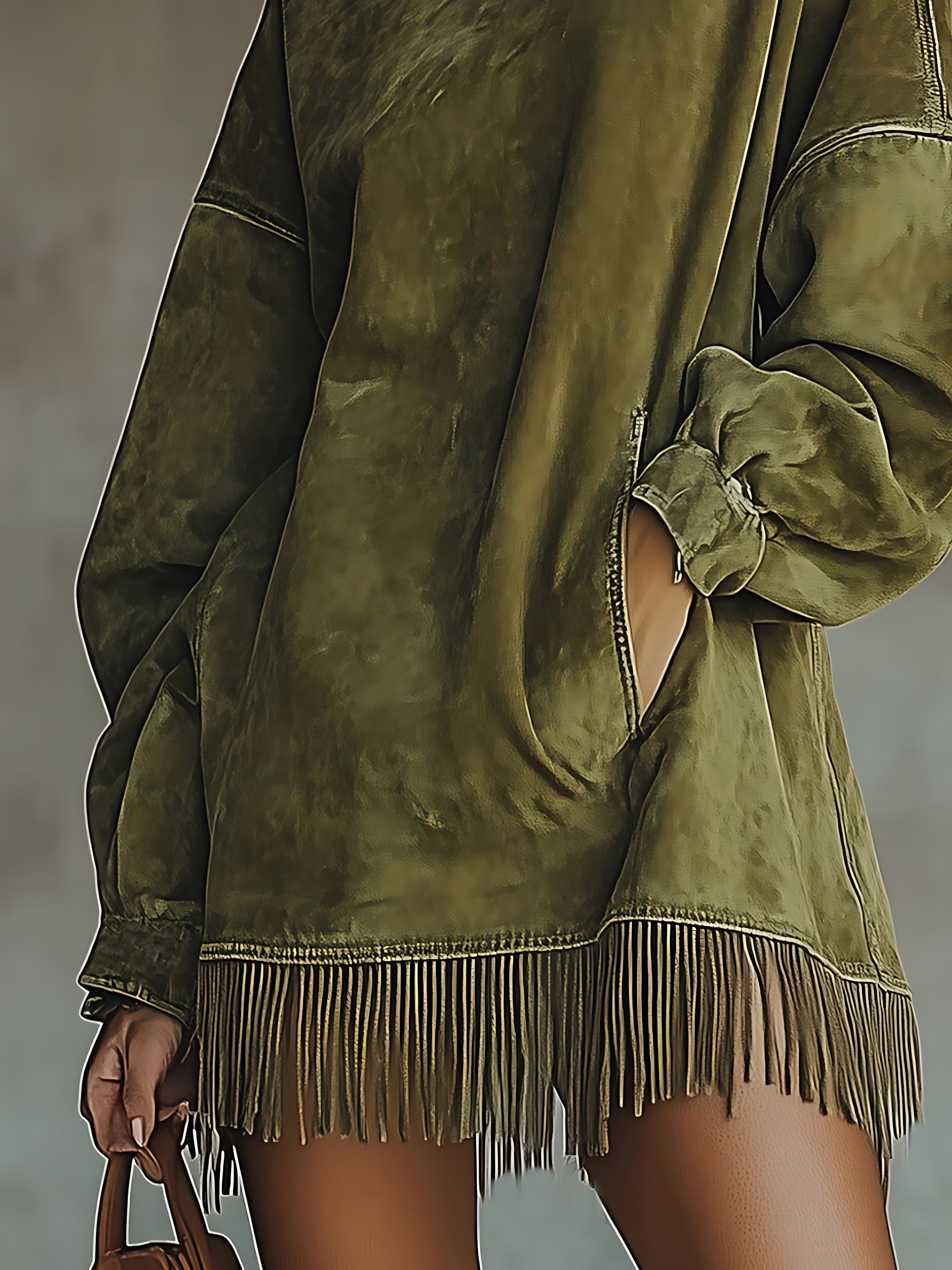 Octavia – Faux Suede Turtleneck Fringe Hem Dress
