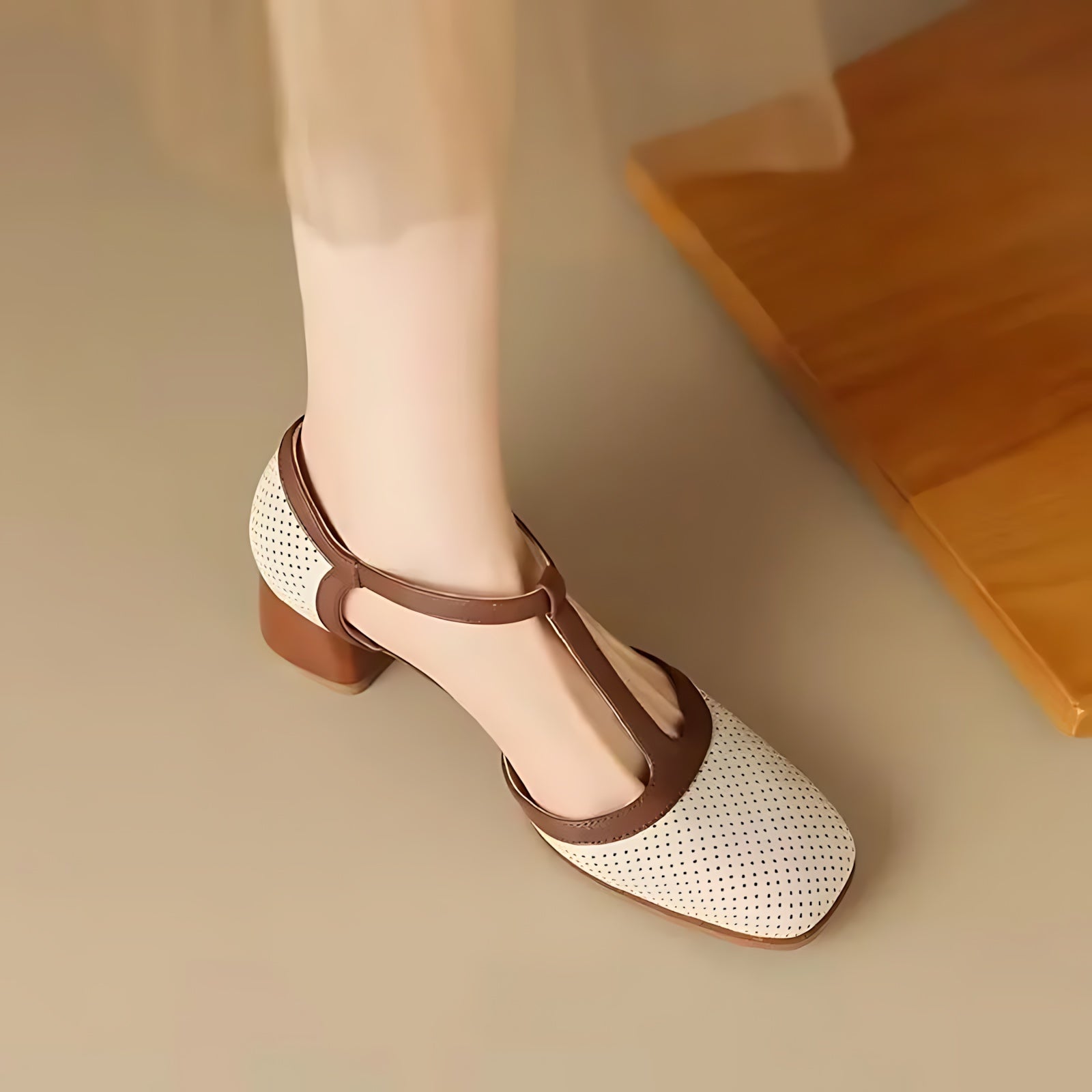Octavia – T Strap Square Toe Block Heel Pumps