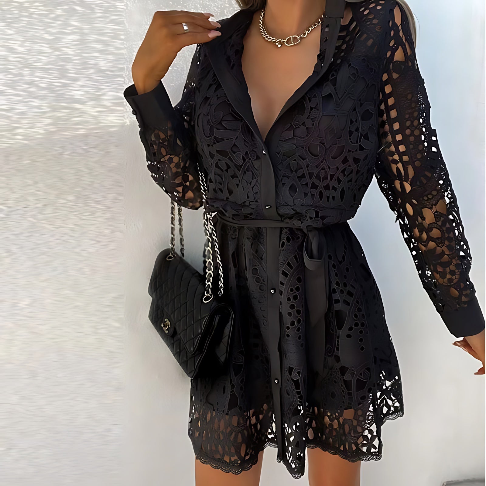 Olivia – Eyelet Lace Long Sleeve Mini Shirt Dress