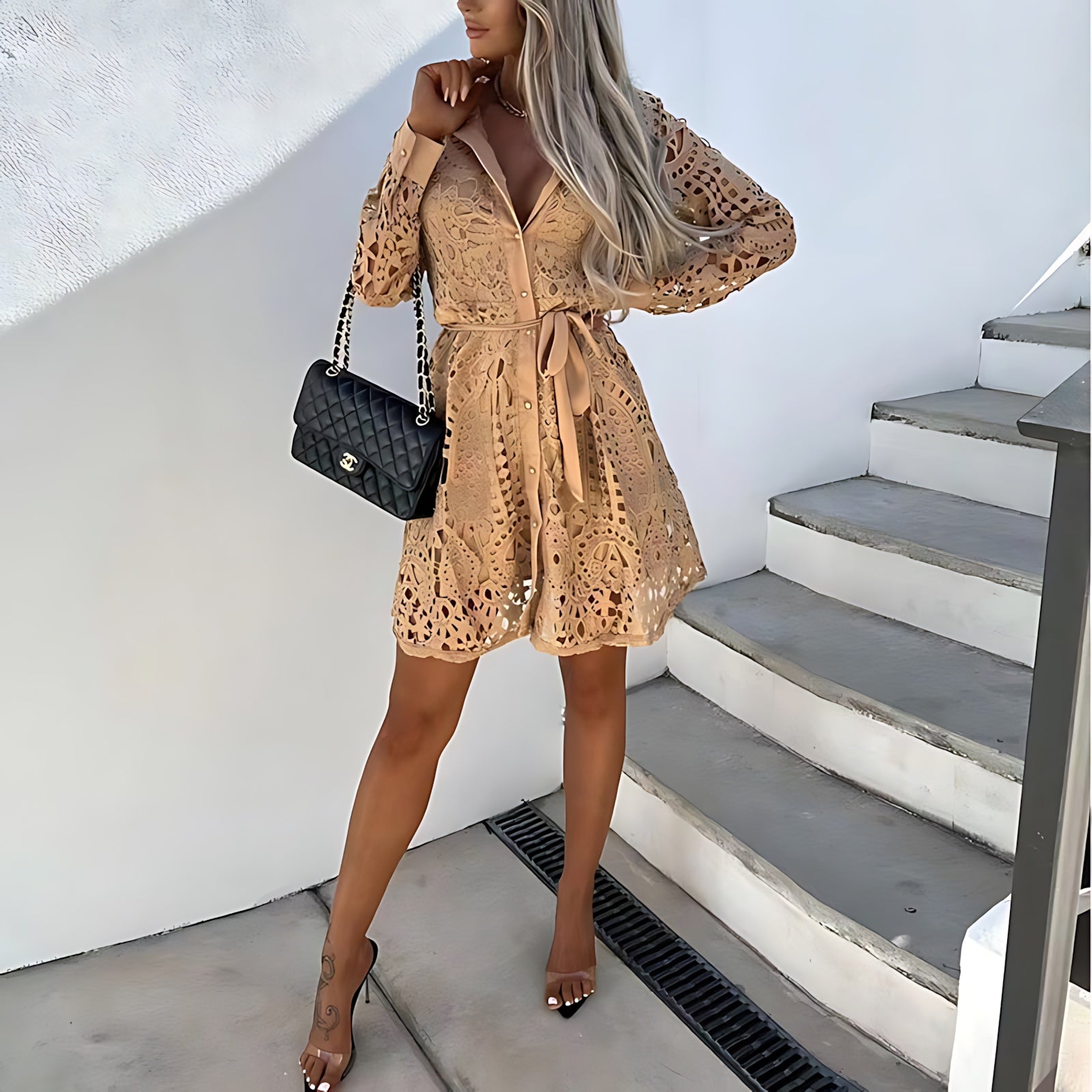 Olivia – Eyelet Lace Long Sleeve Mini Shirt Dress