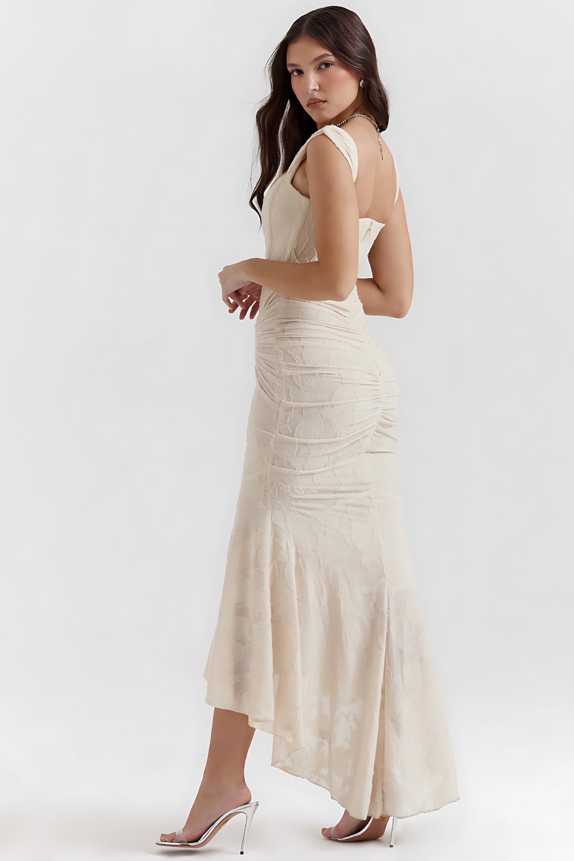 Olivia – Lace Ruched Asymmetric Cocktail Midi Dress