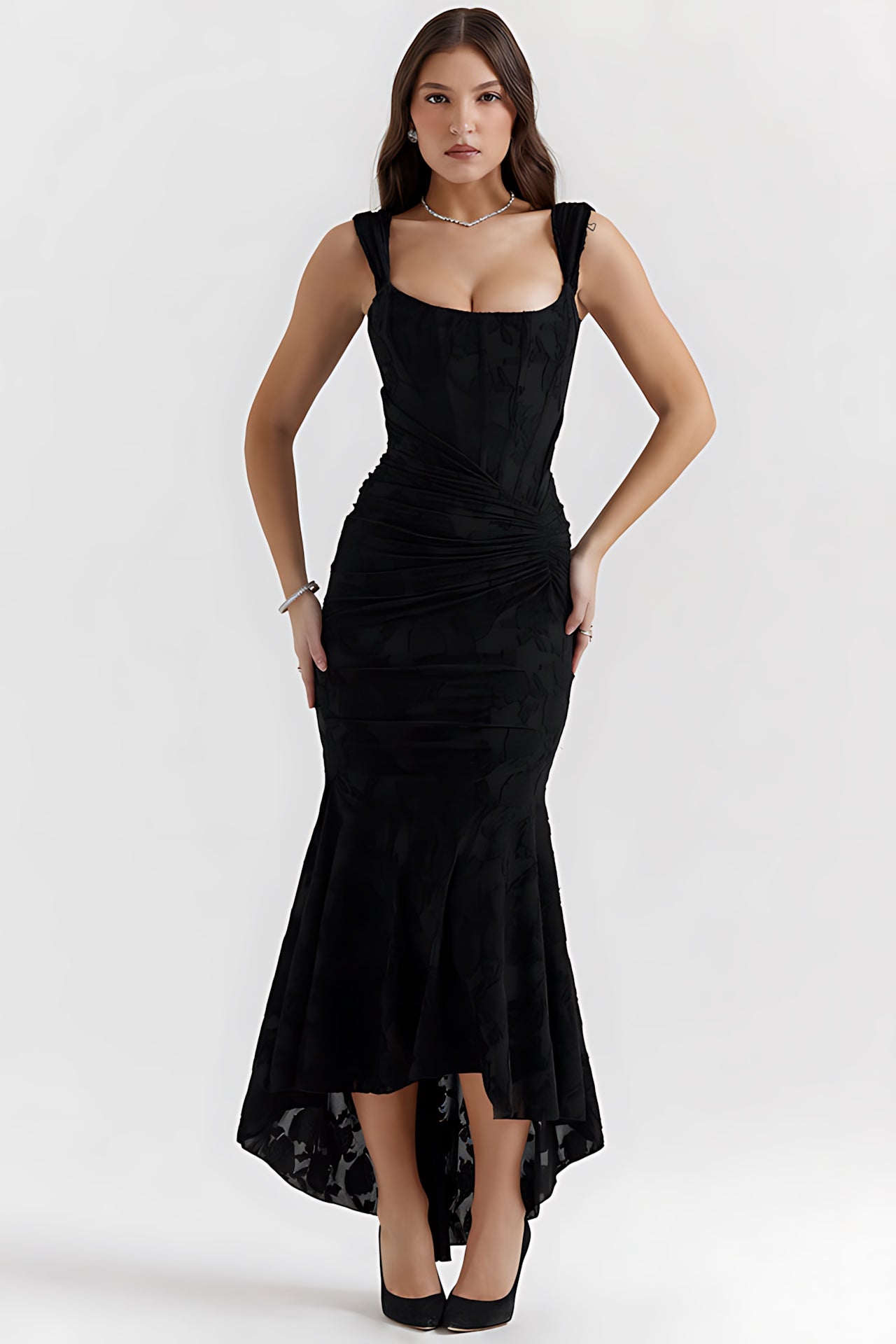 Olivia – Lace Ruched Asymmetric Cocktail Midi Dress