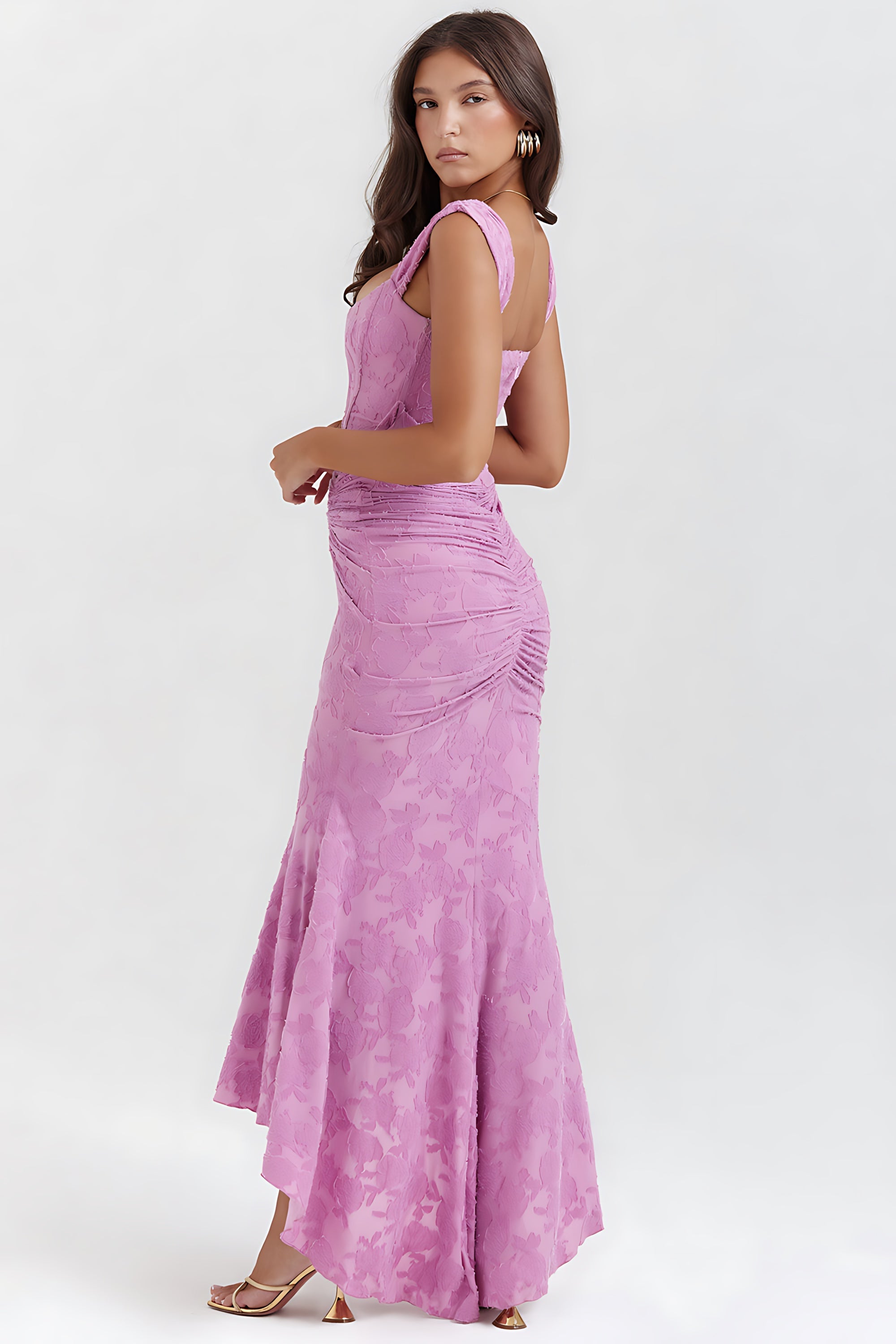 Olivia – Lace Ruched Asymmetric Cocktail Midi Dress