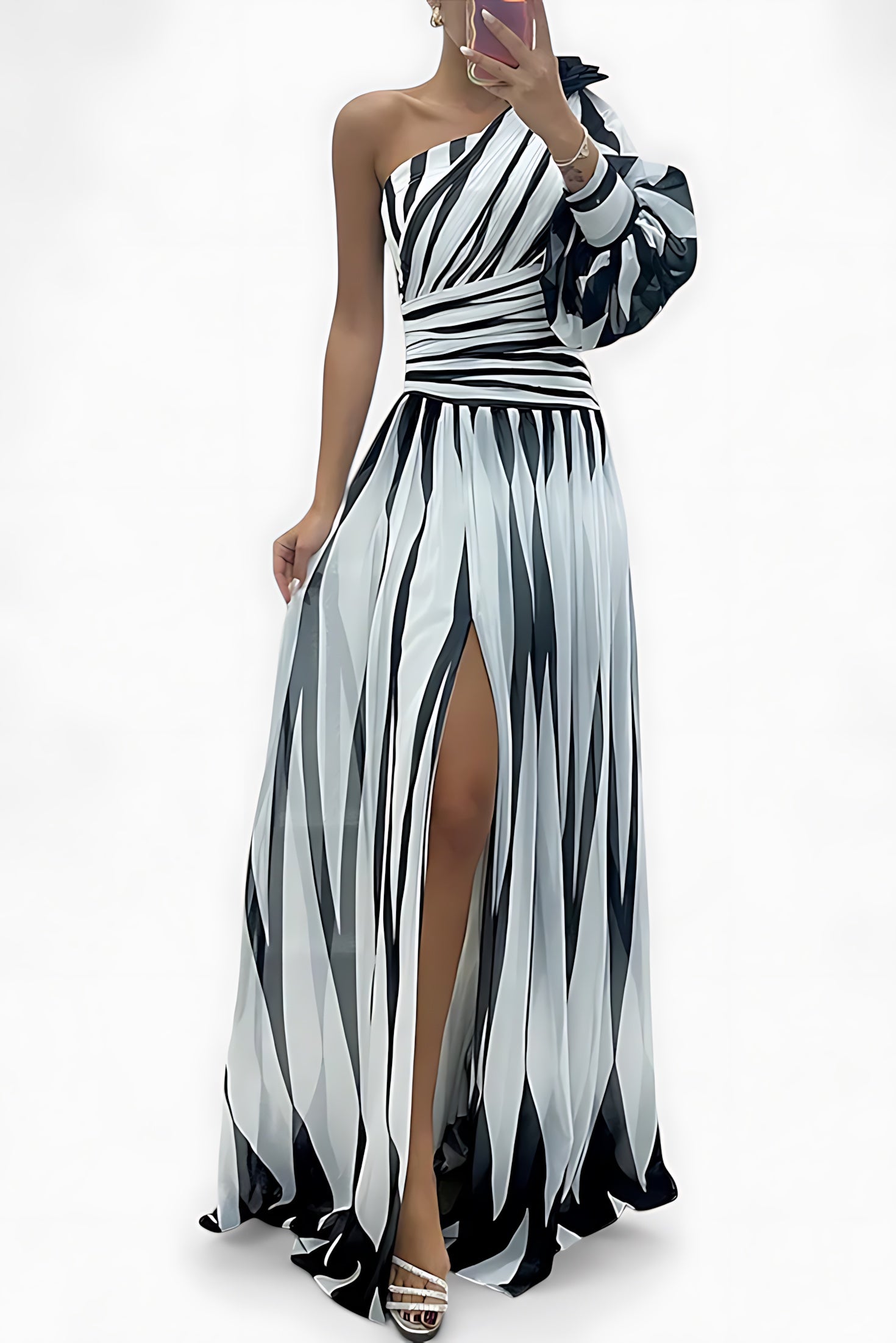 Paisley – Striped One Shoulder High Slit Maxi Dress