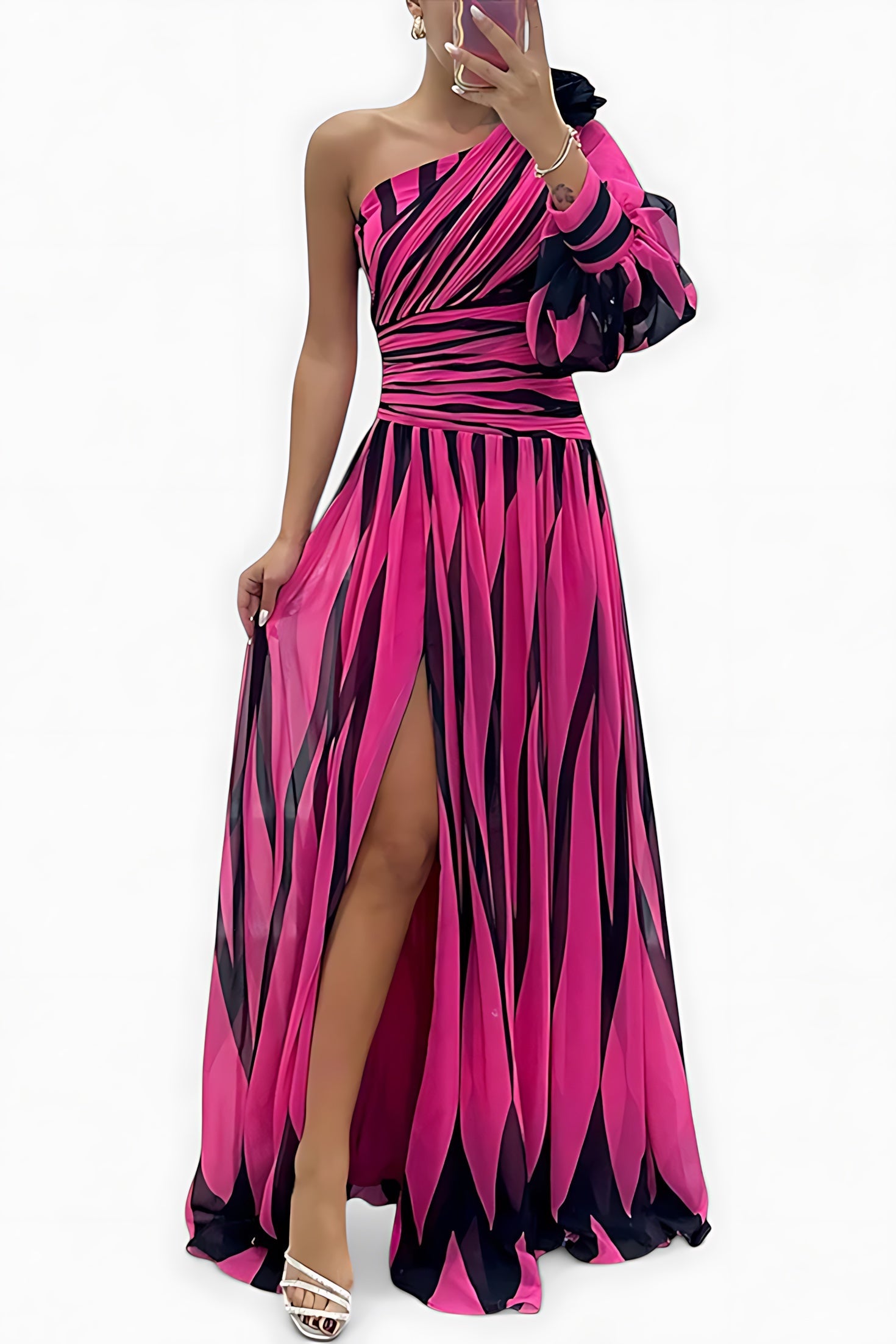 Paisley – Striped One Shoulder High Slit Maxi Dress