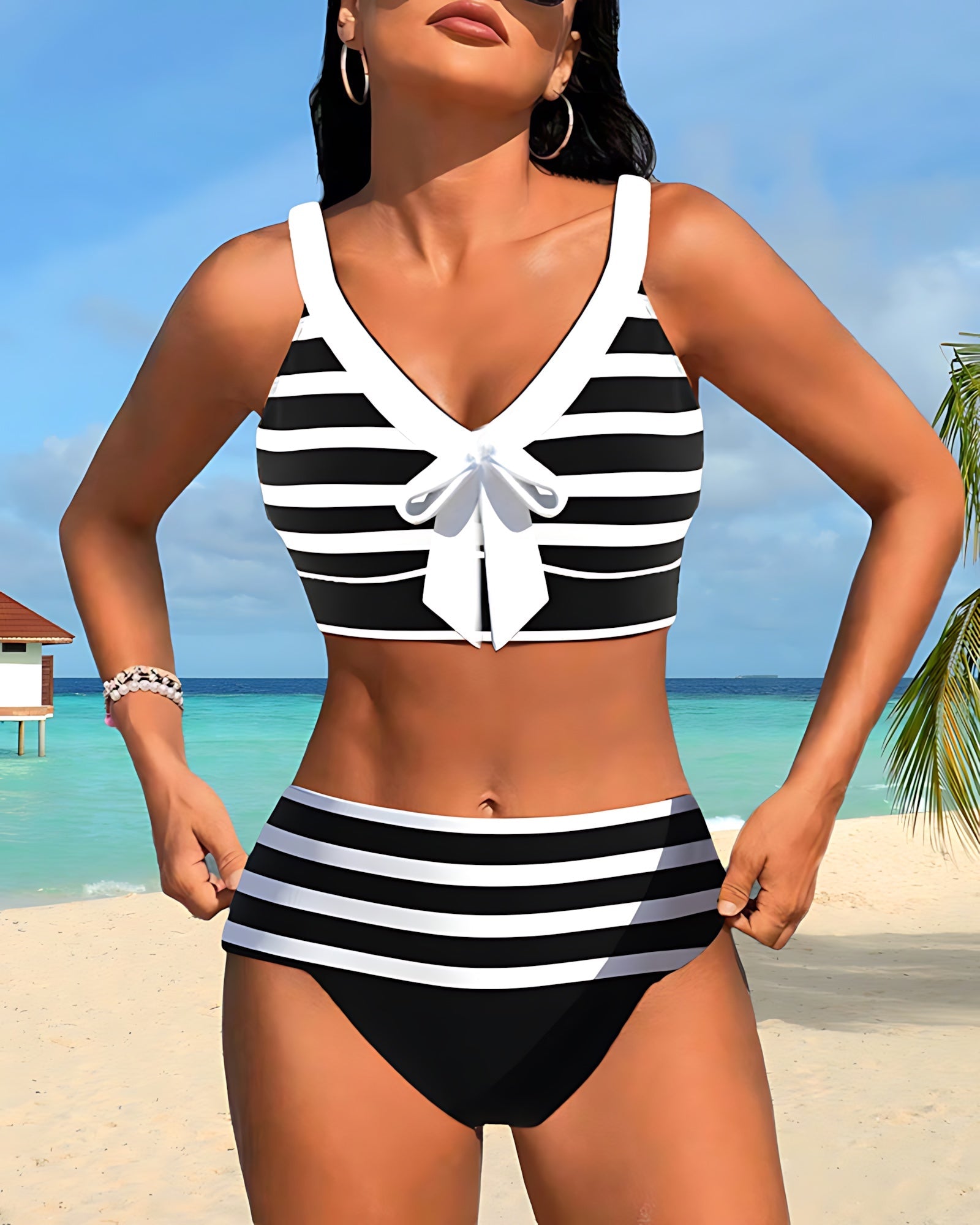 Paloma – Striped Bow Front High Waist Bikini Set