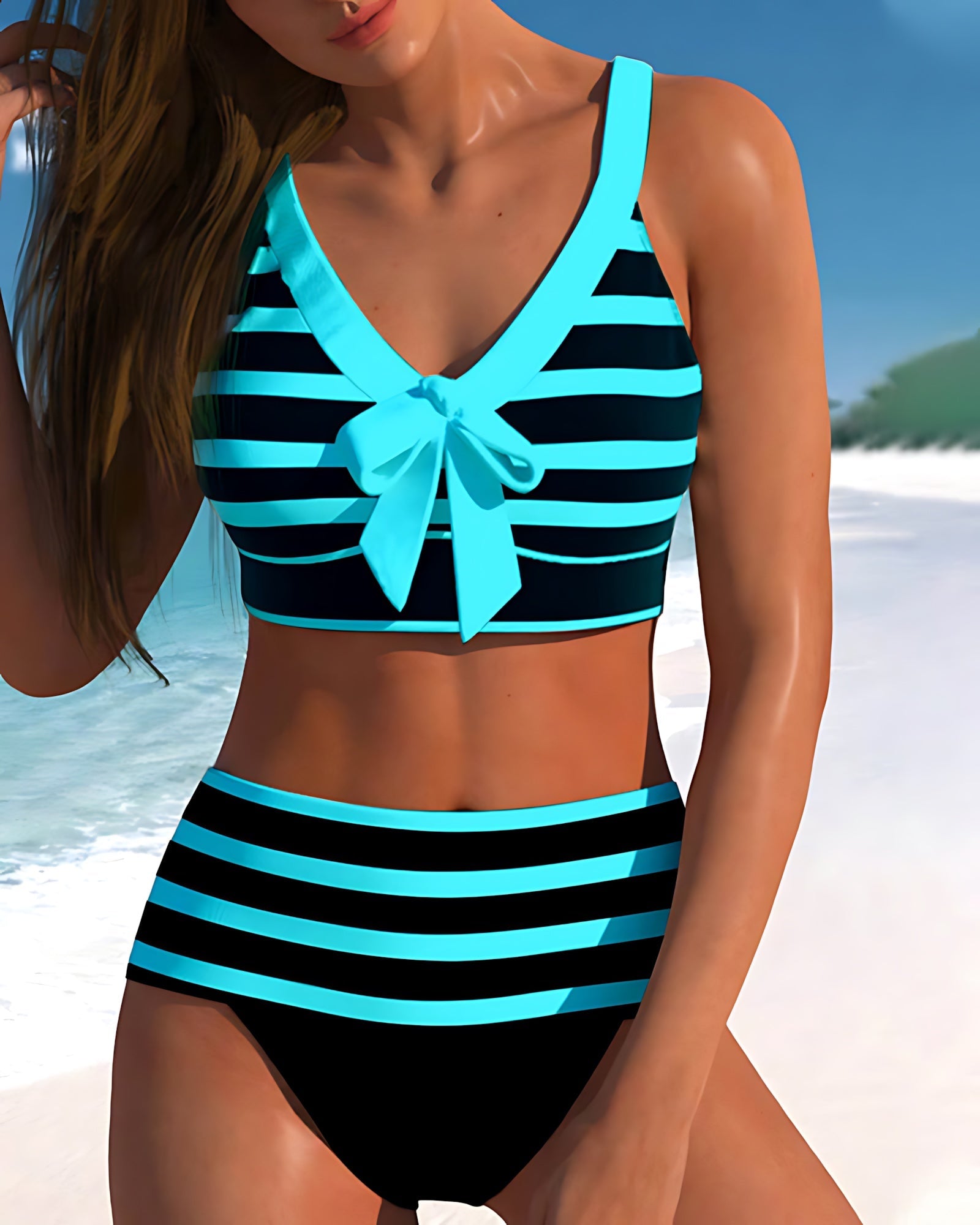 Paloma – Striped Bow Front High Waist Bikini Set