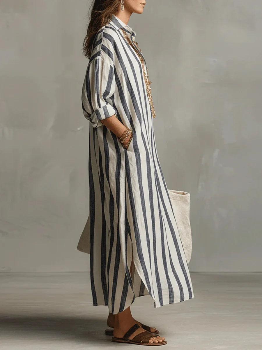 Elizabeth – Striped Long Sleeve Midi Shirt Dress