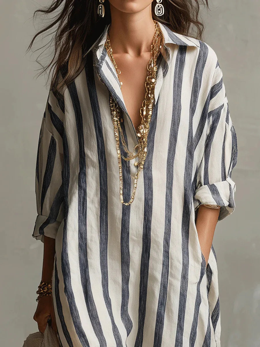 Elizabeth – Striped Long Sleeve Midi Shirt Dress