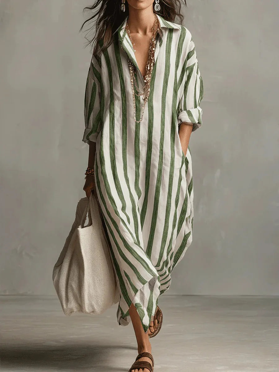 Elizabeth – Striped Long Sleeve Midi Shirt Dress