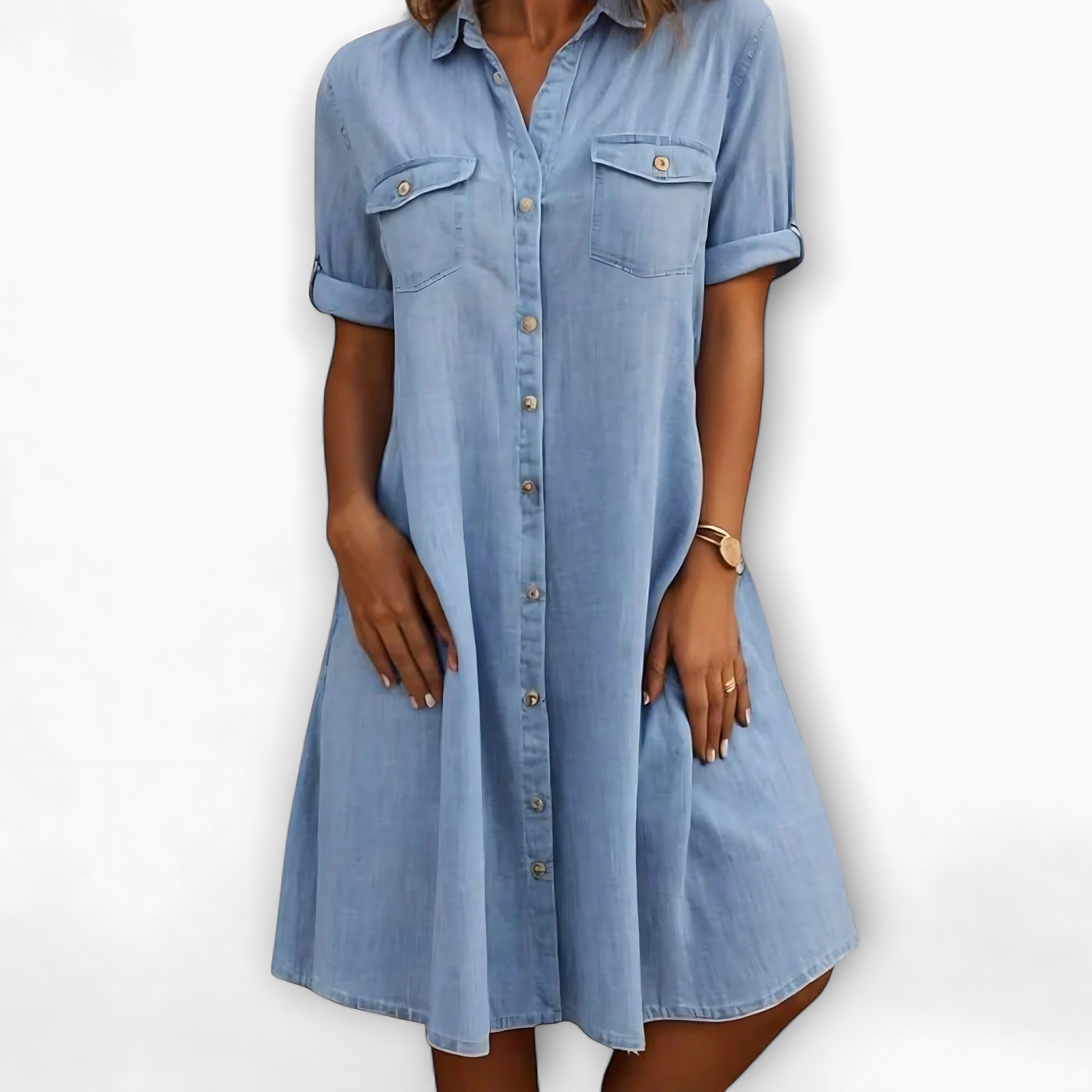 Peyton – Denim Collared Short Sleeve Mini Shirt Dress