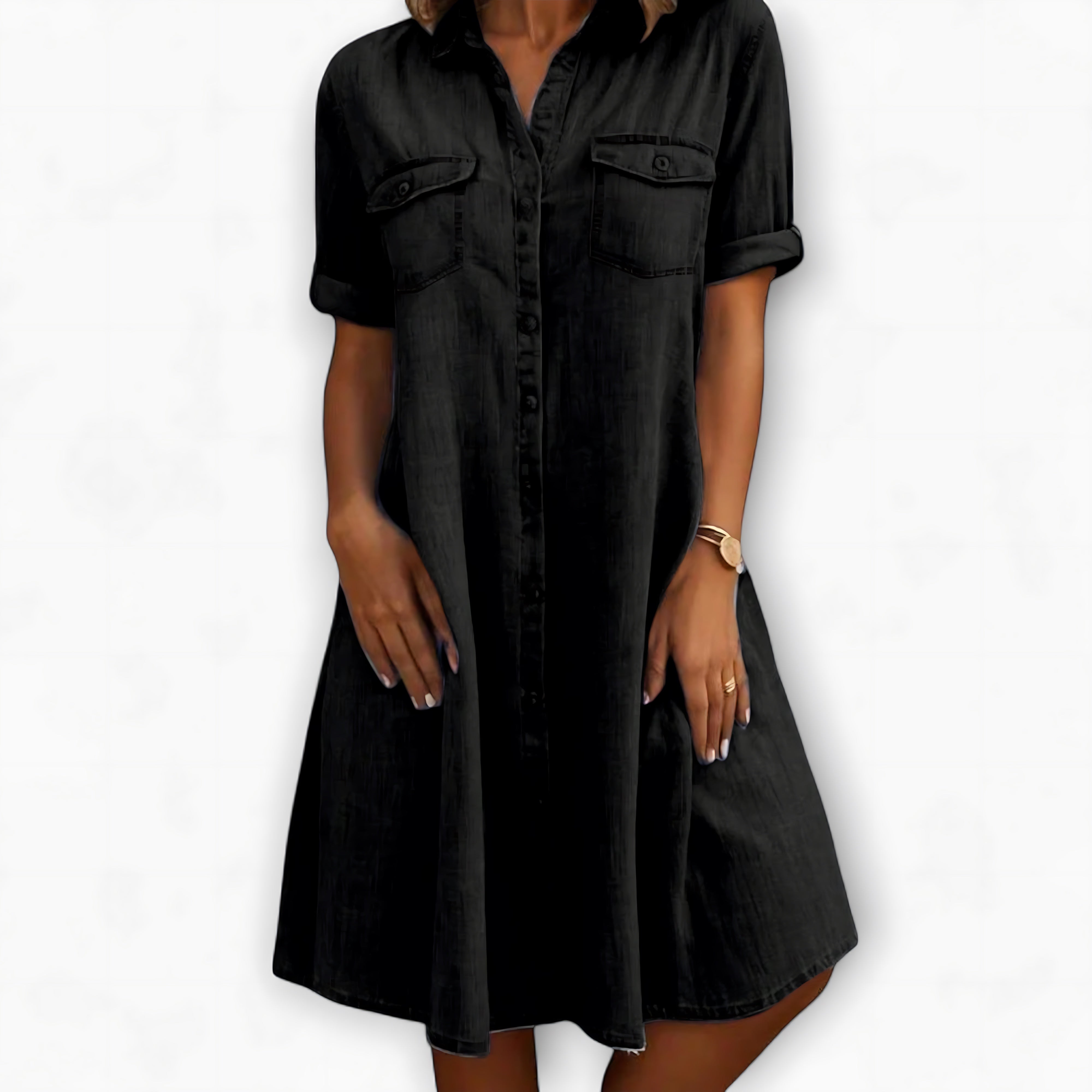 Peyton – Denim Collared Short Sleeve Mini Shirt Dress