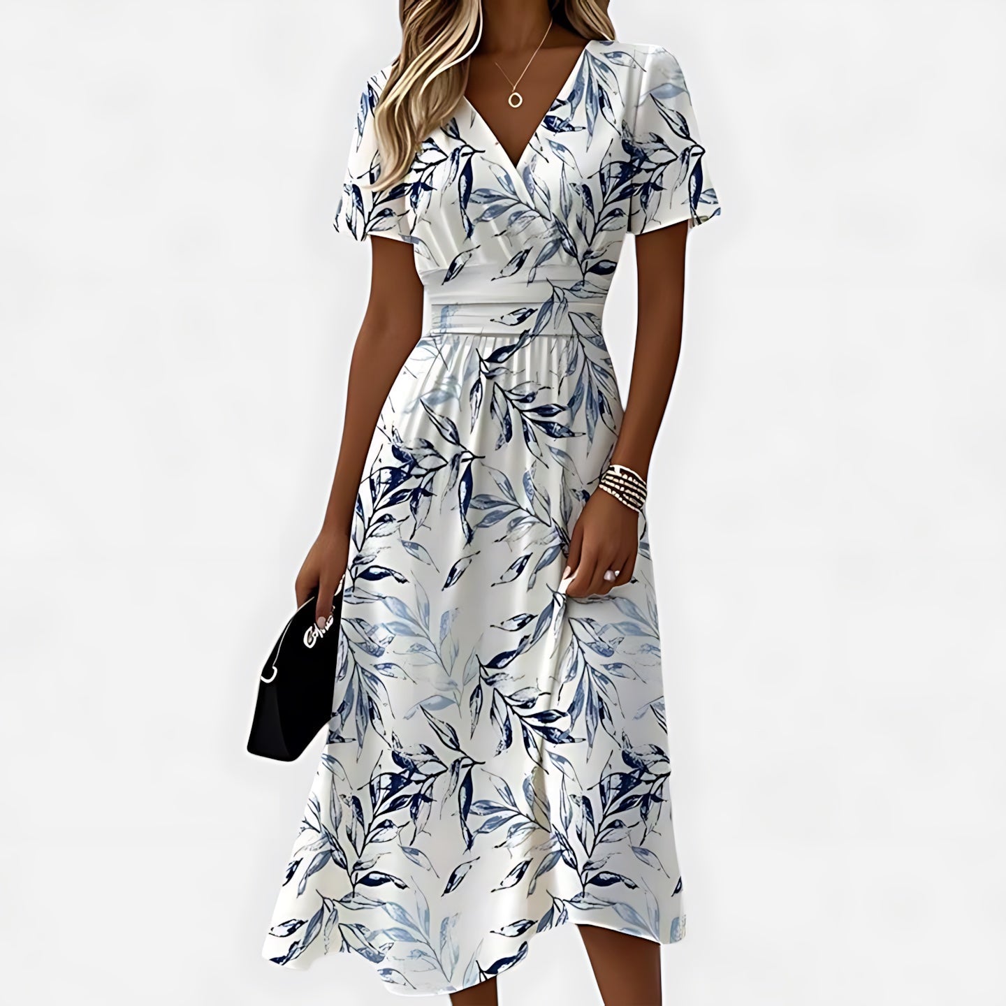 Peyton – Floral Print Wrap V Neck Short Sleeve Midi Dress