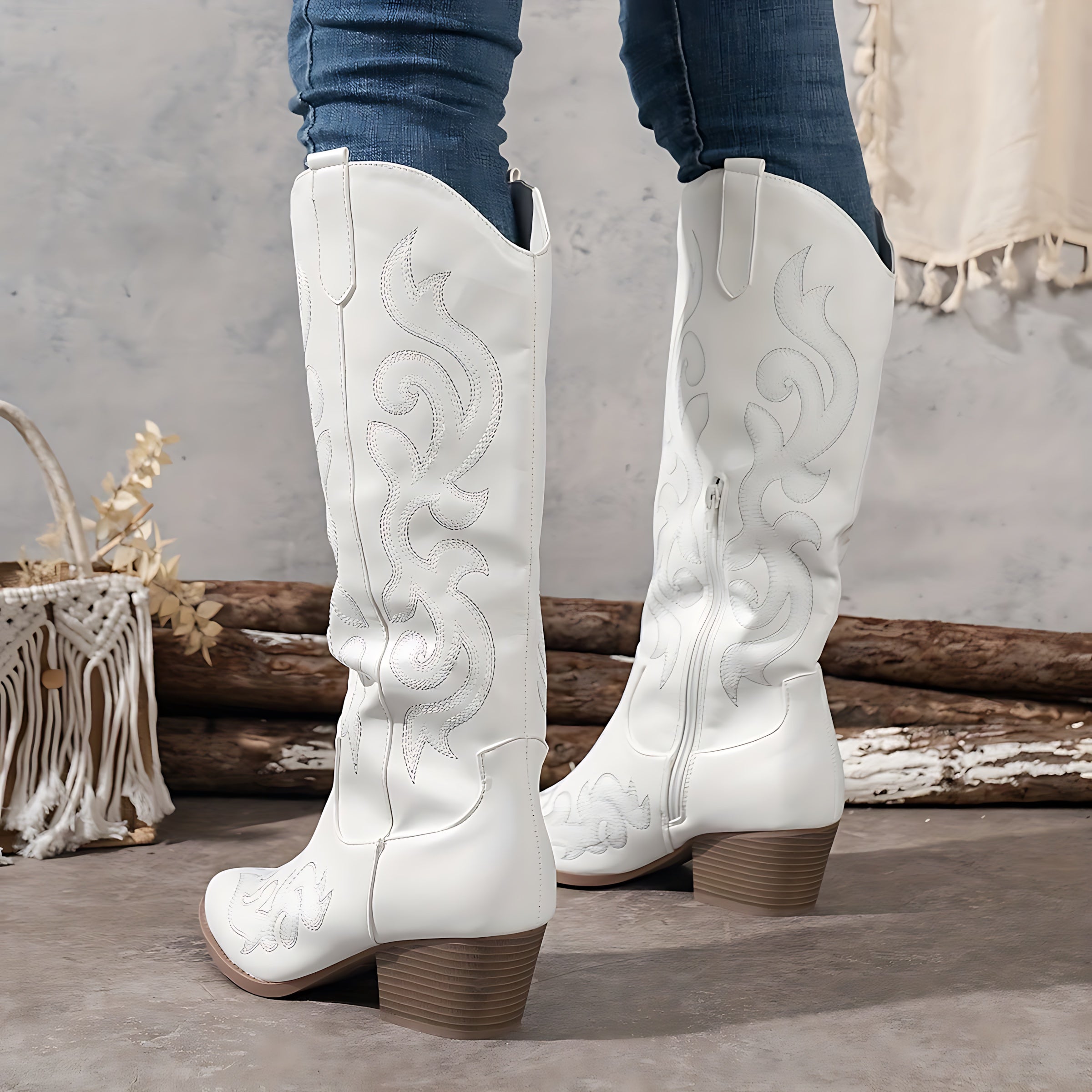 Phoebe – Embroidered Knee High Western Boots