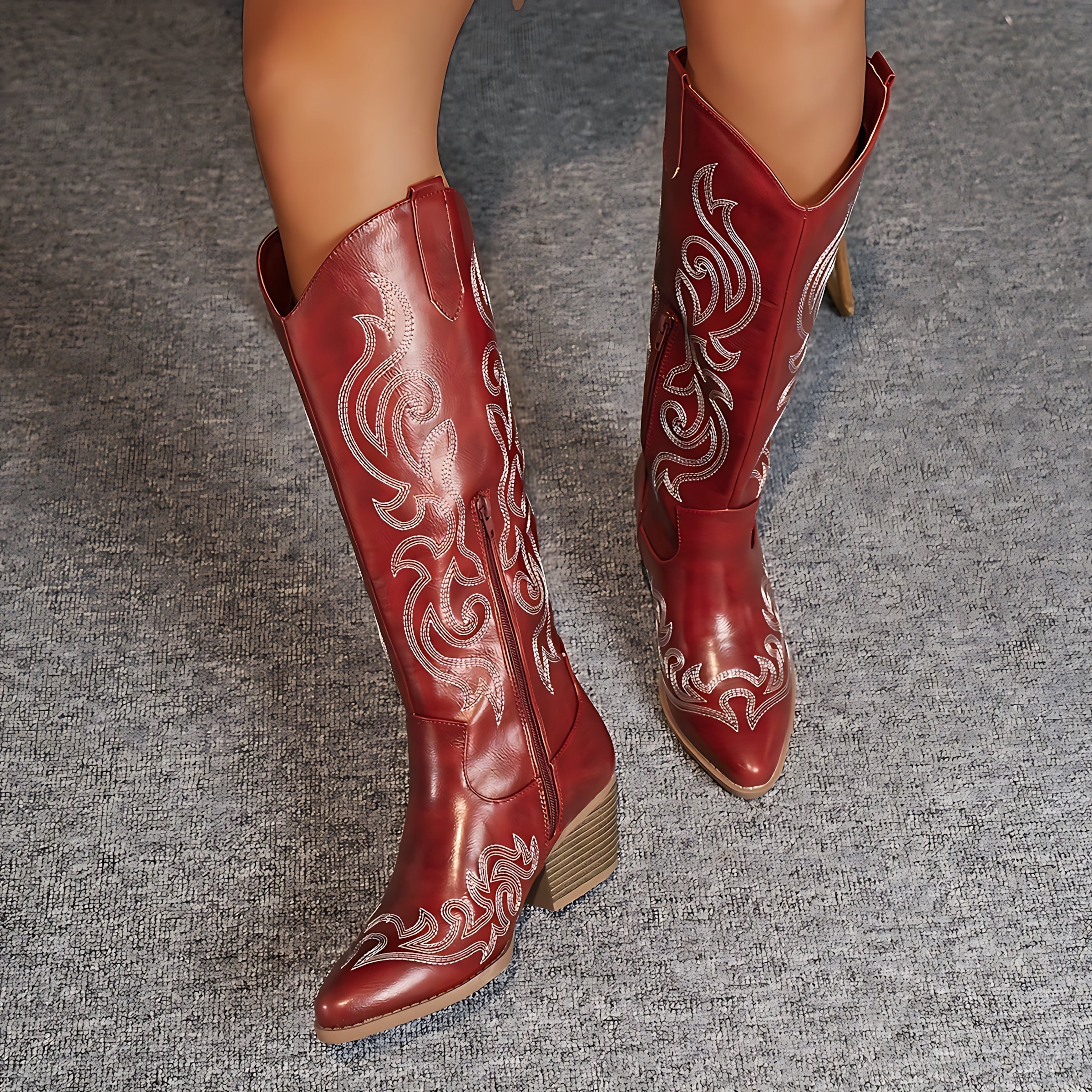 Phoebe – Embroidered Knee High Western Boots
