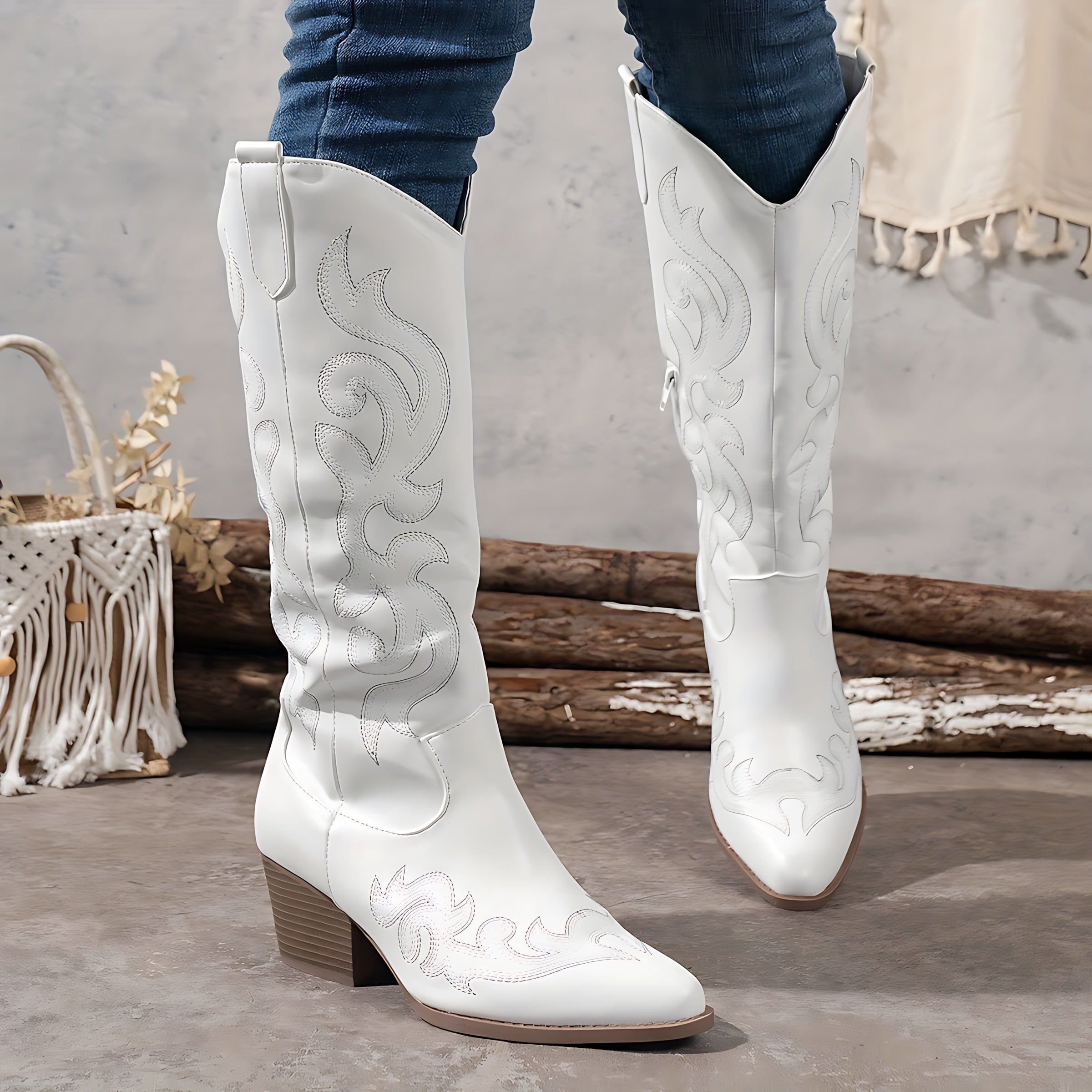 Phoebe – Embroidered Knee High Western Boots