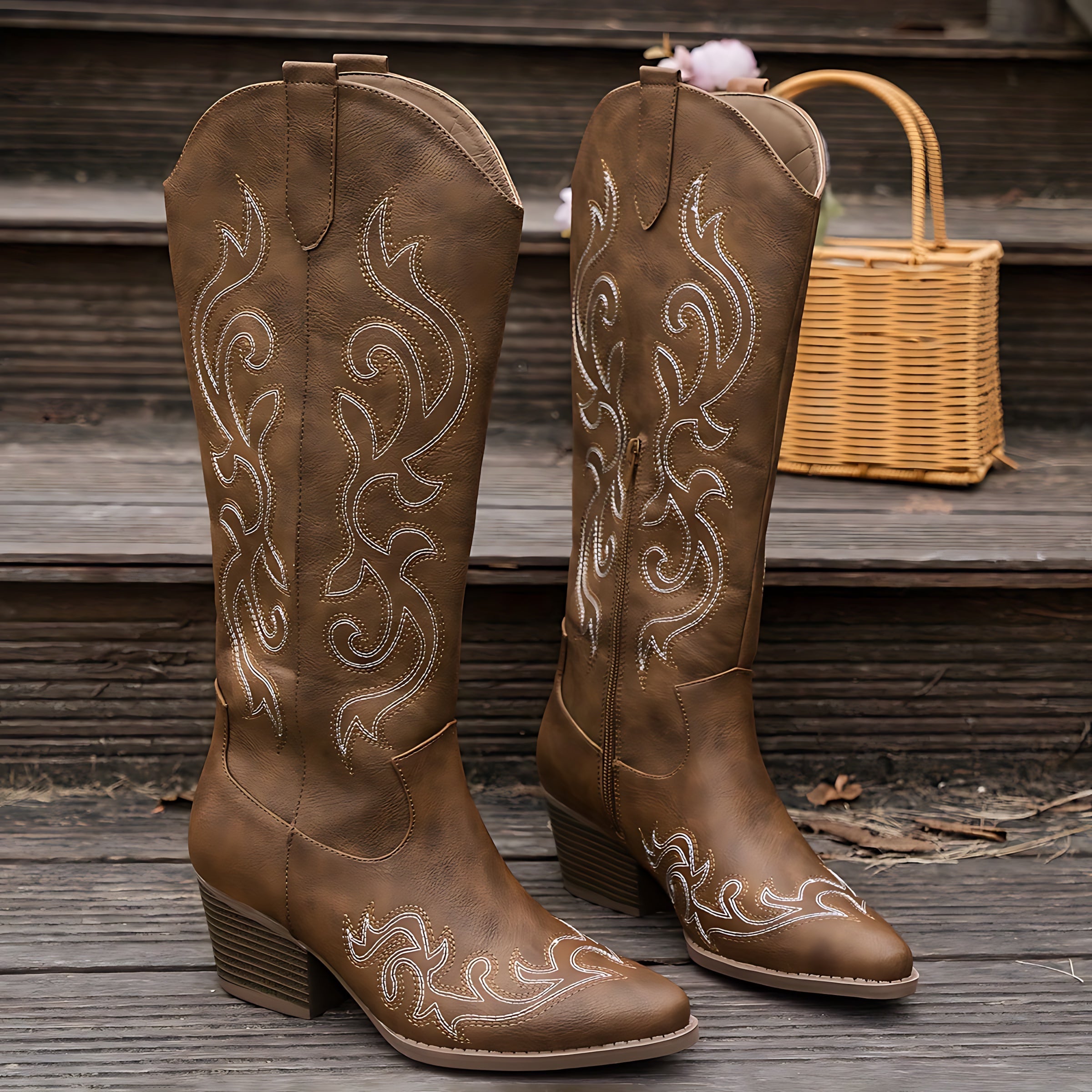 Phoebe – Embroidered Knee High Western Boots