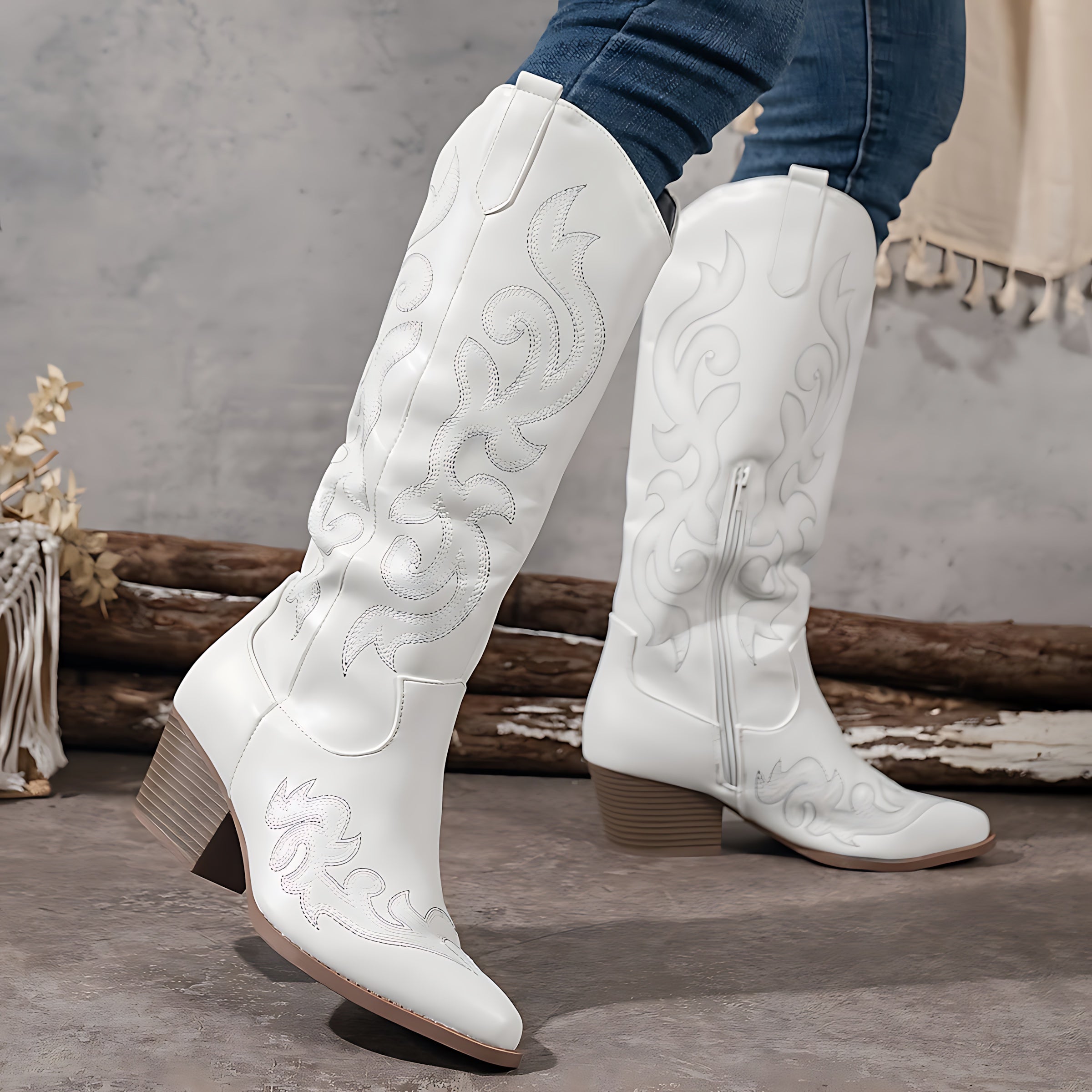 Phoebe – Embroidered Knee High Western Boots