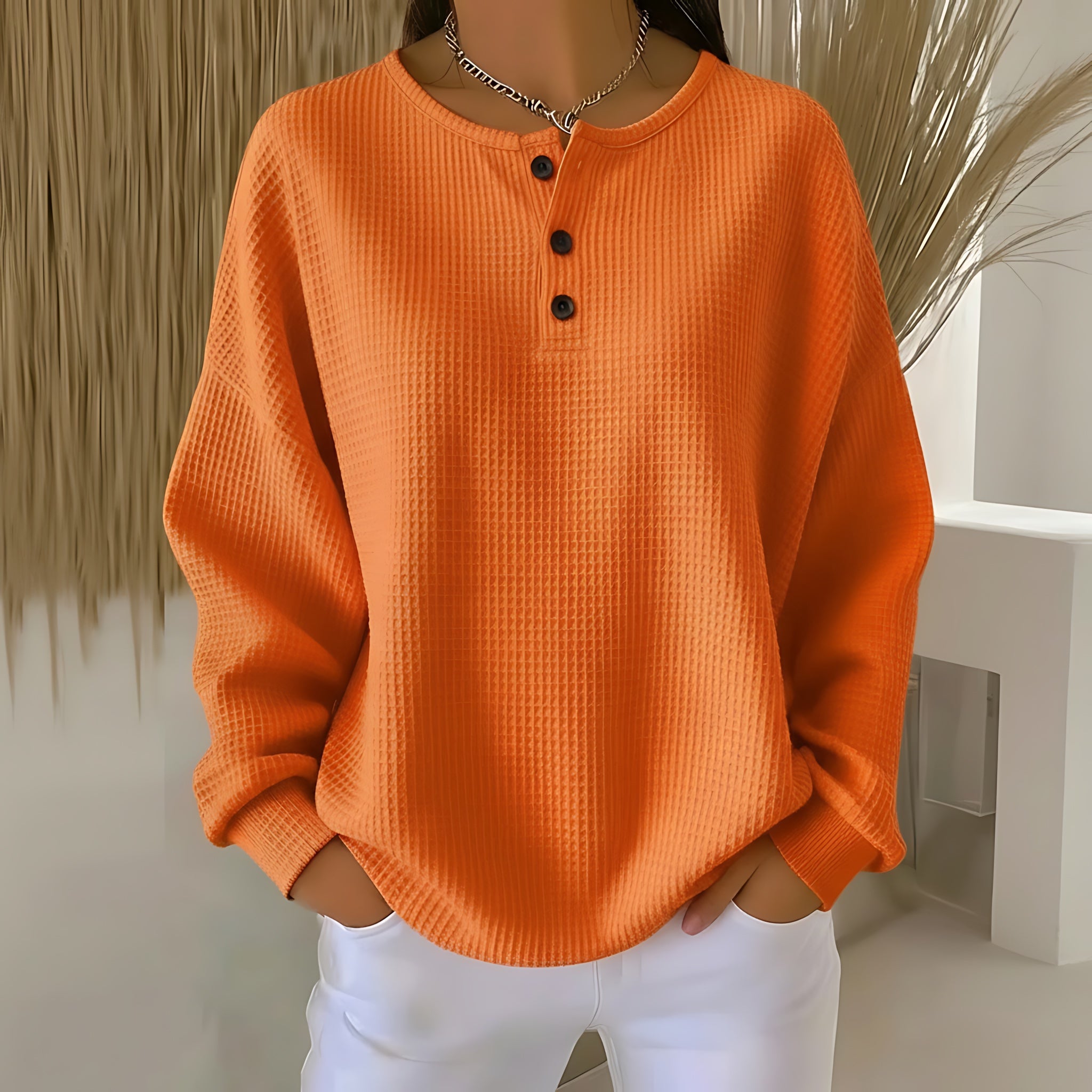Phoebe – Waffle Knit Henley Sweater