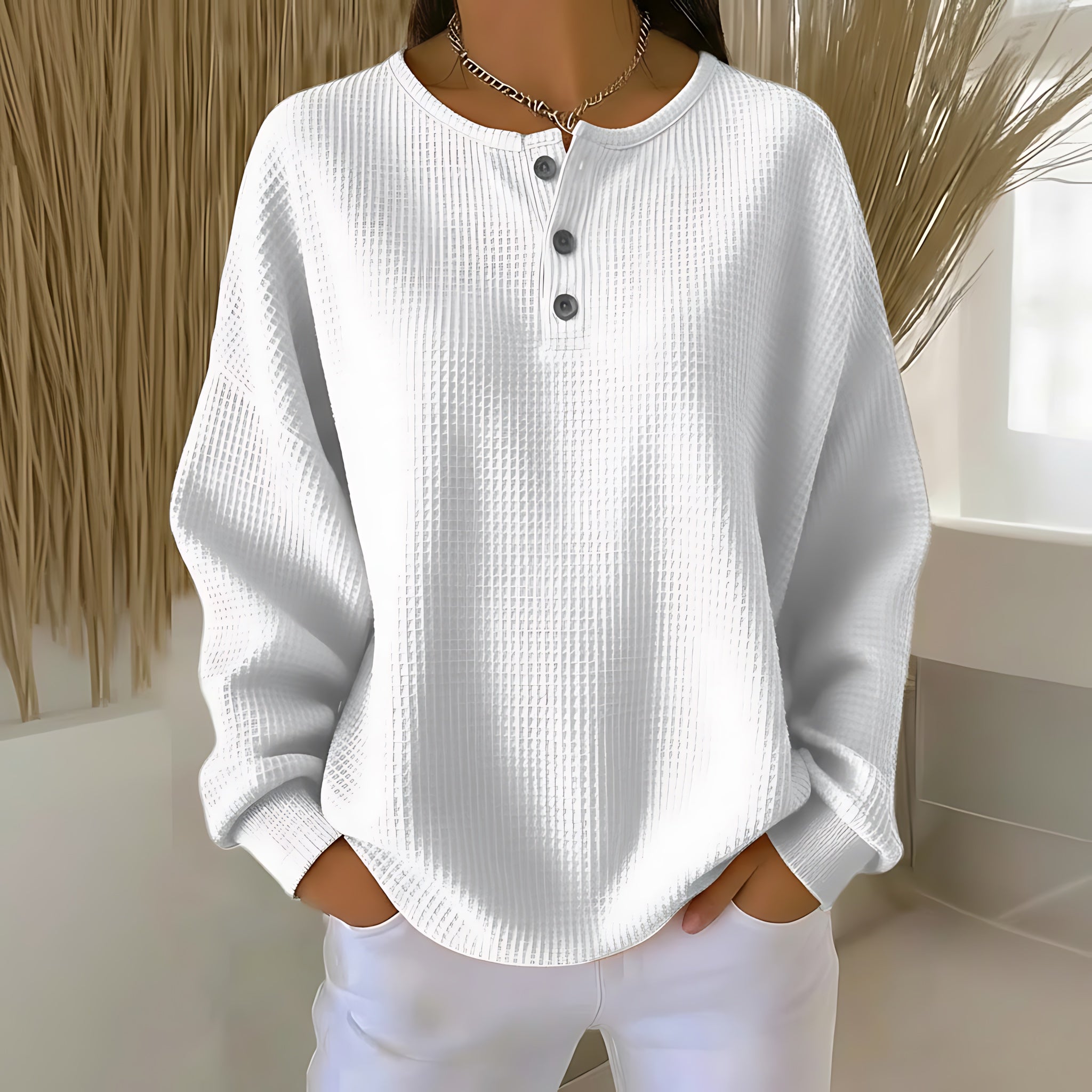 Phoebe – Waffle Knit Henley Sweater