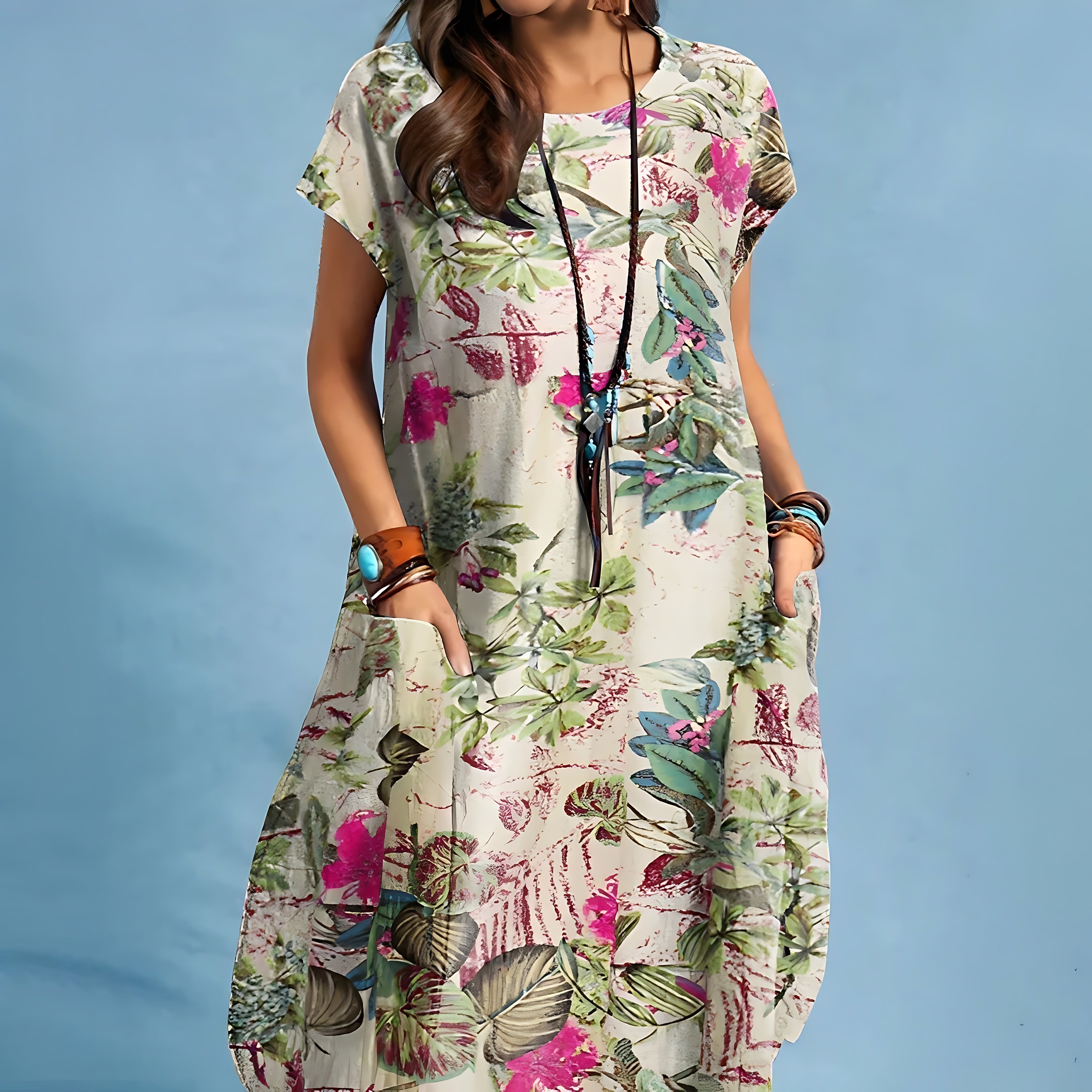 Priscilla – Floral Print Crew Neck Summer Midi Dress