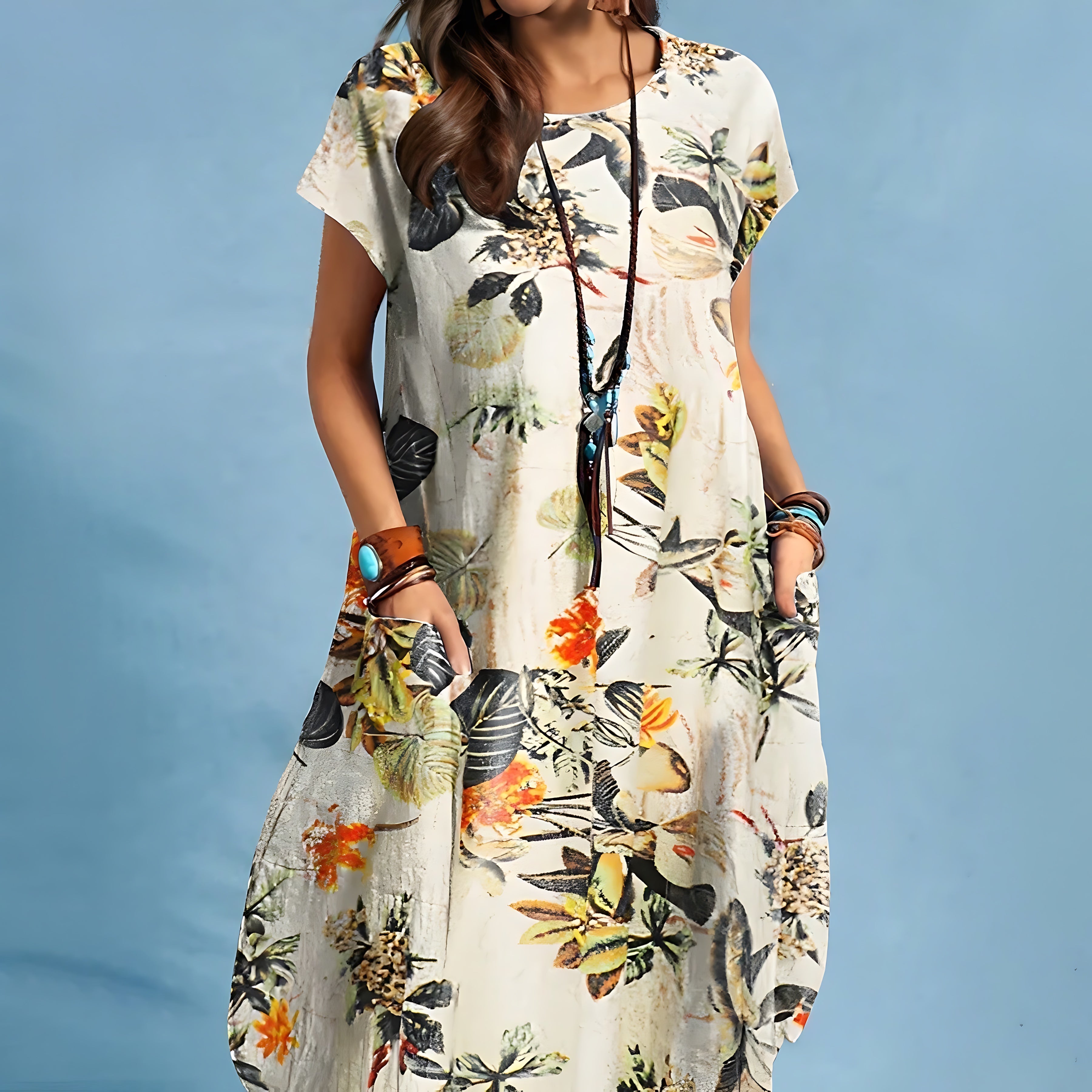 Priscilla – Floral Print Crew Neck Summer Midi Dress