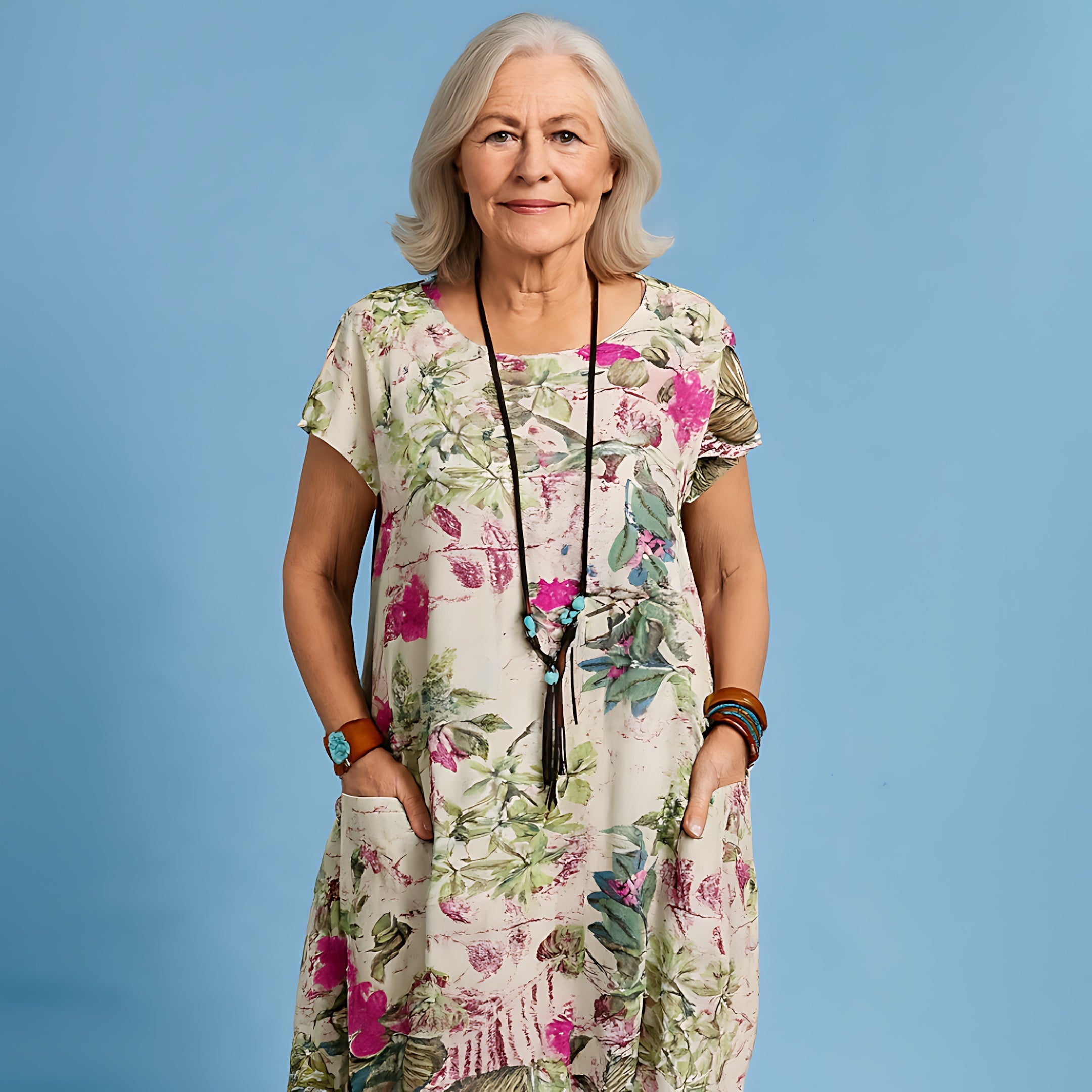 Priscilla – Floral Print Crew Neck Summer Midi Dress