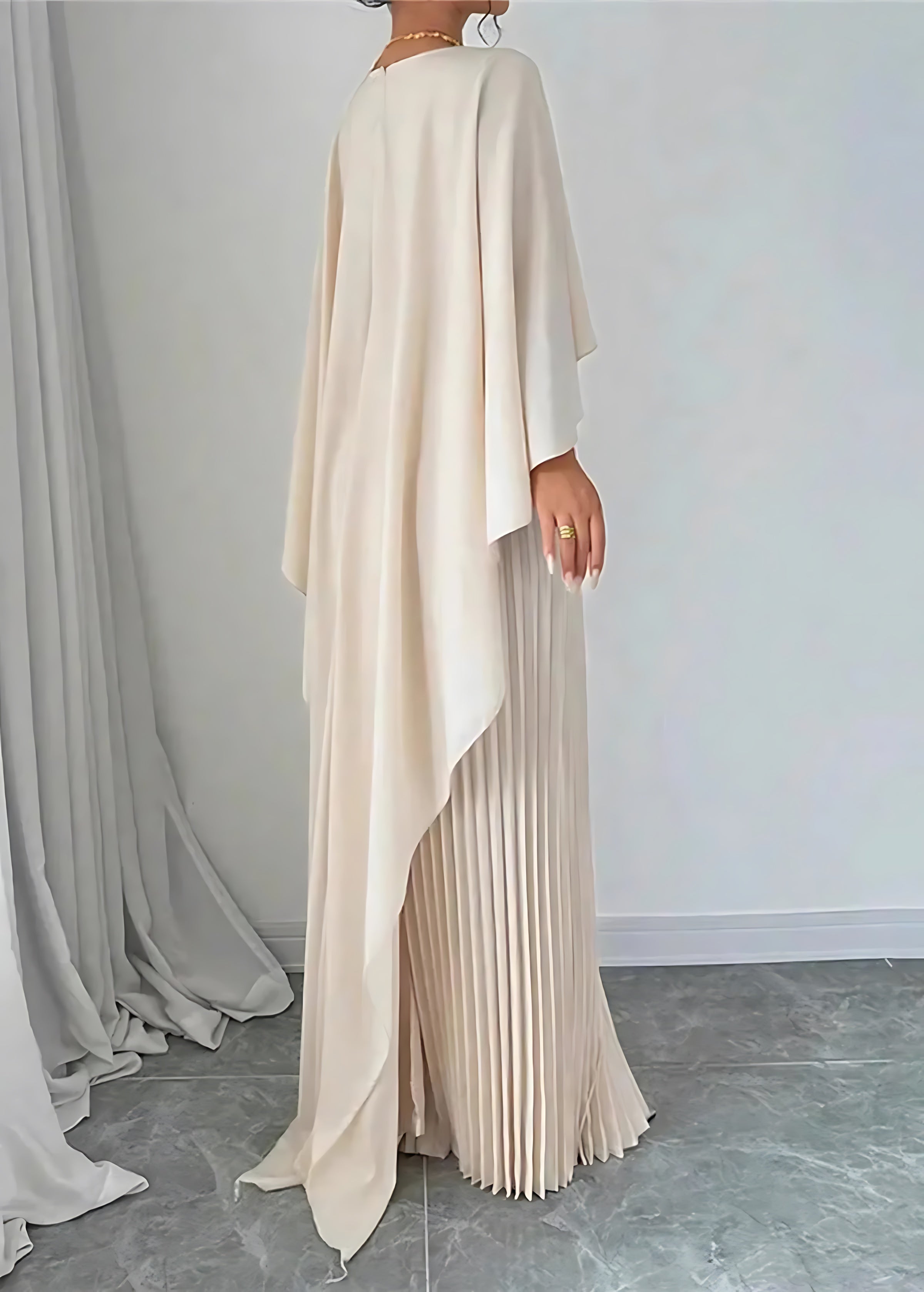 Priscilla – Pleated Cape Wedding Guest Maxi Dress