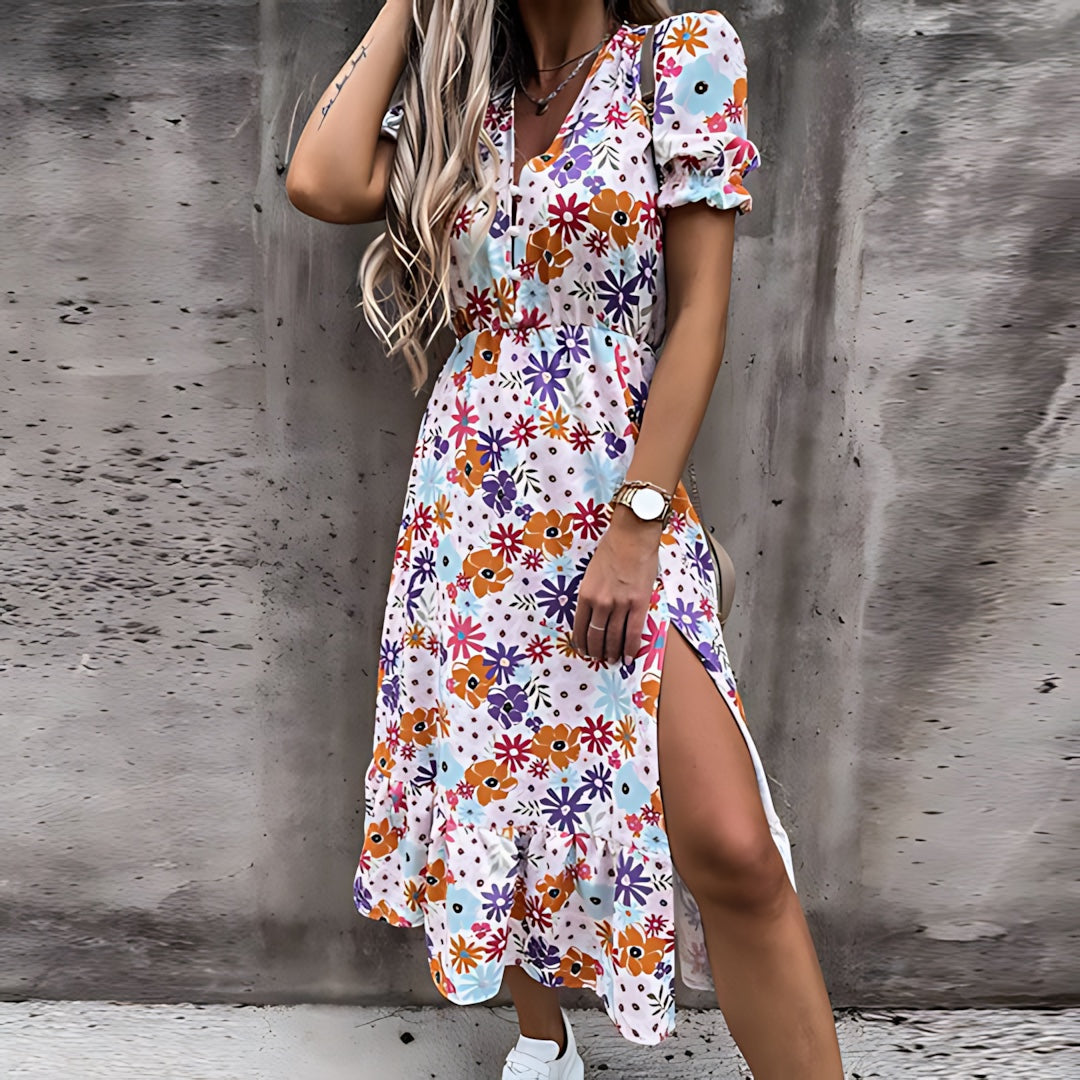 Quinn – Floral Smocked Waist Side Split Midi Dress