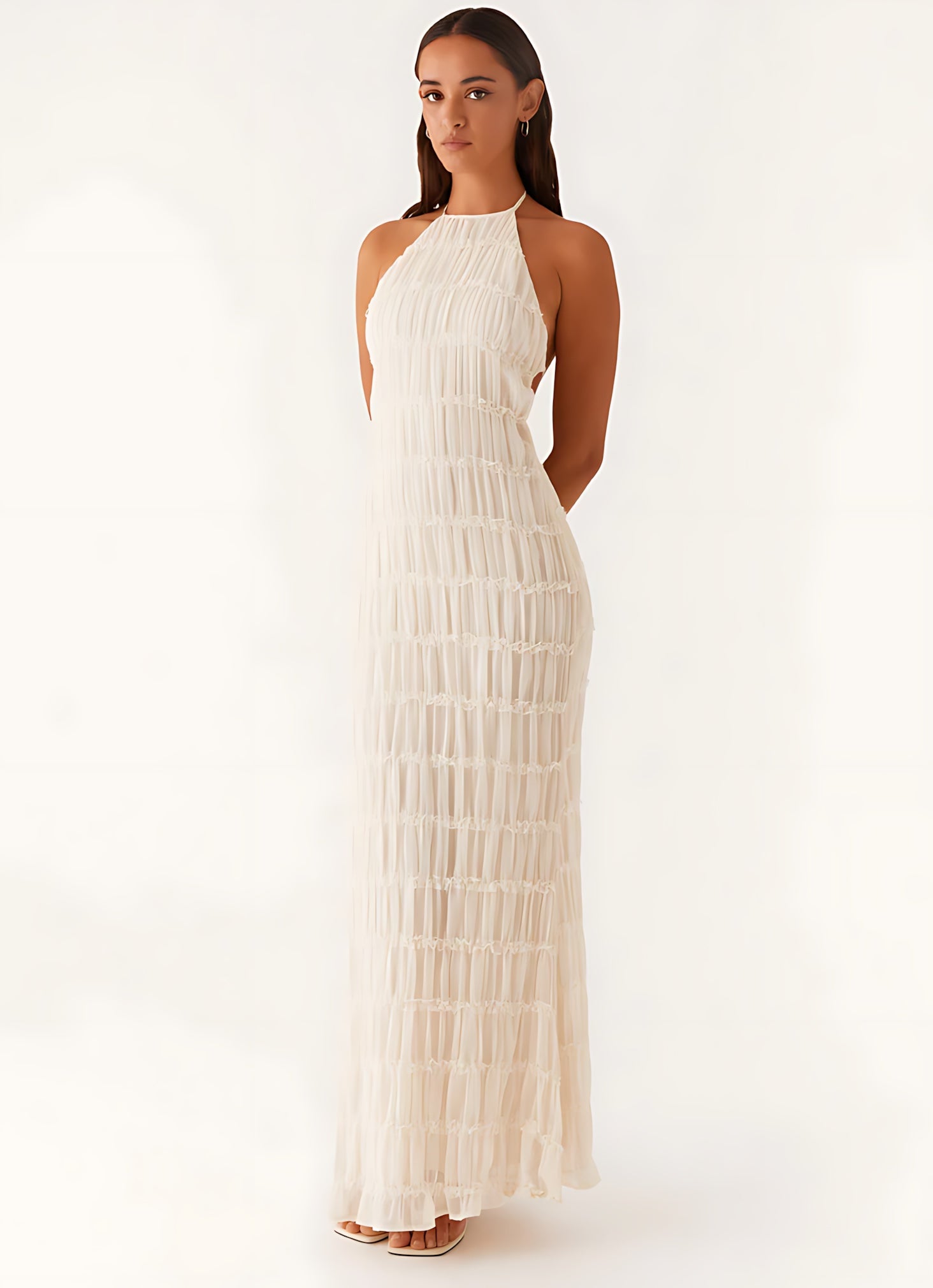 Quinn – Geometric Print Halter Wedding Guest Maxi Dress