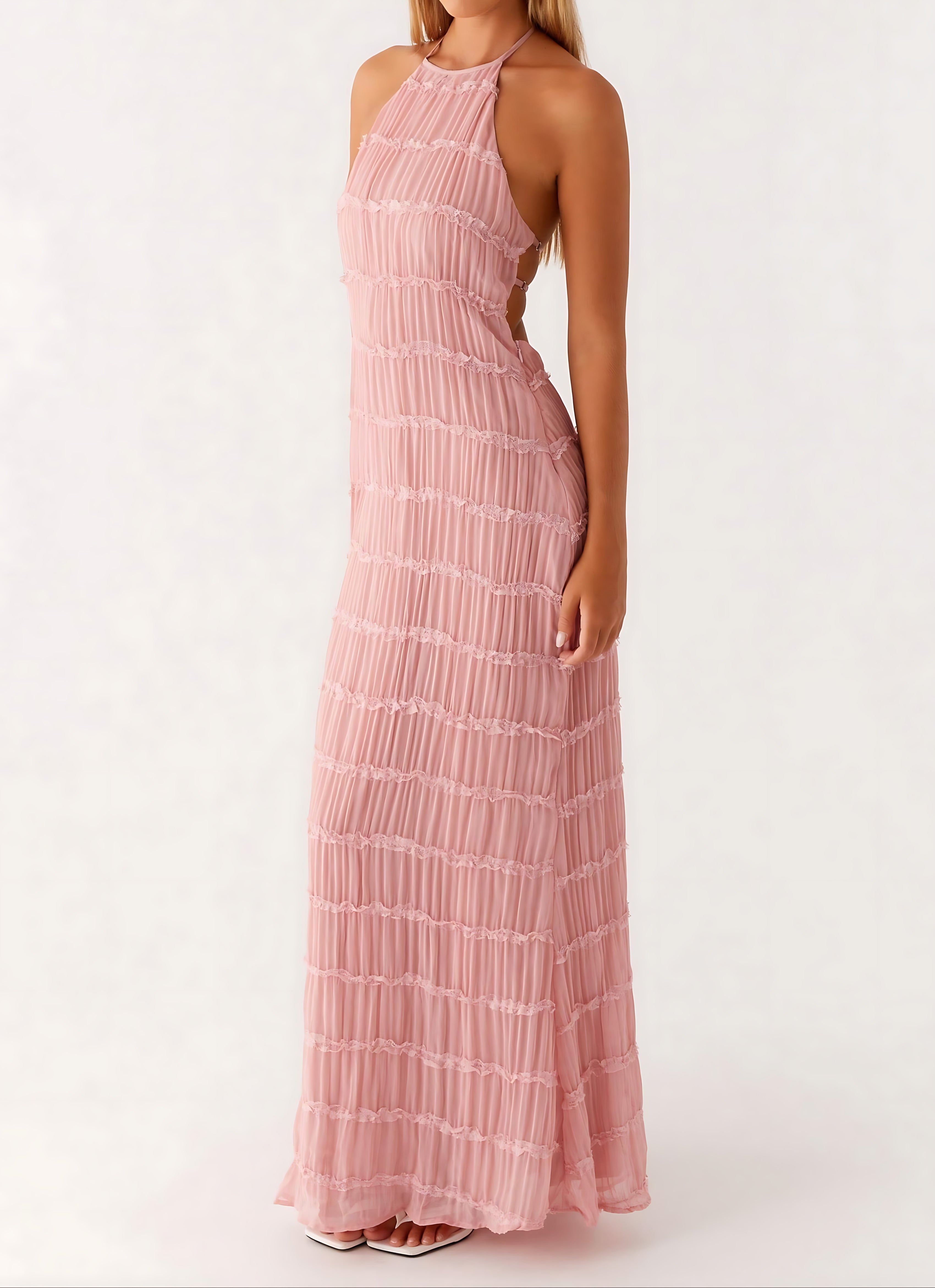 Quinn – Geometric Print Halter Wedding Guest Maxi Dress
