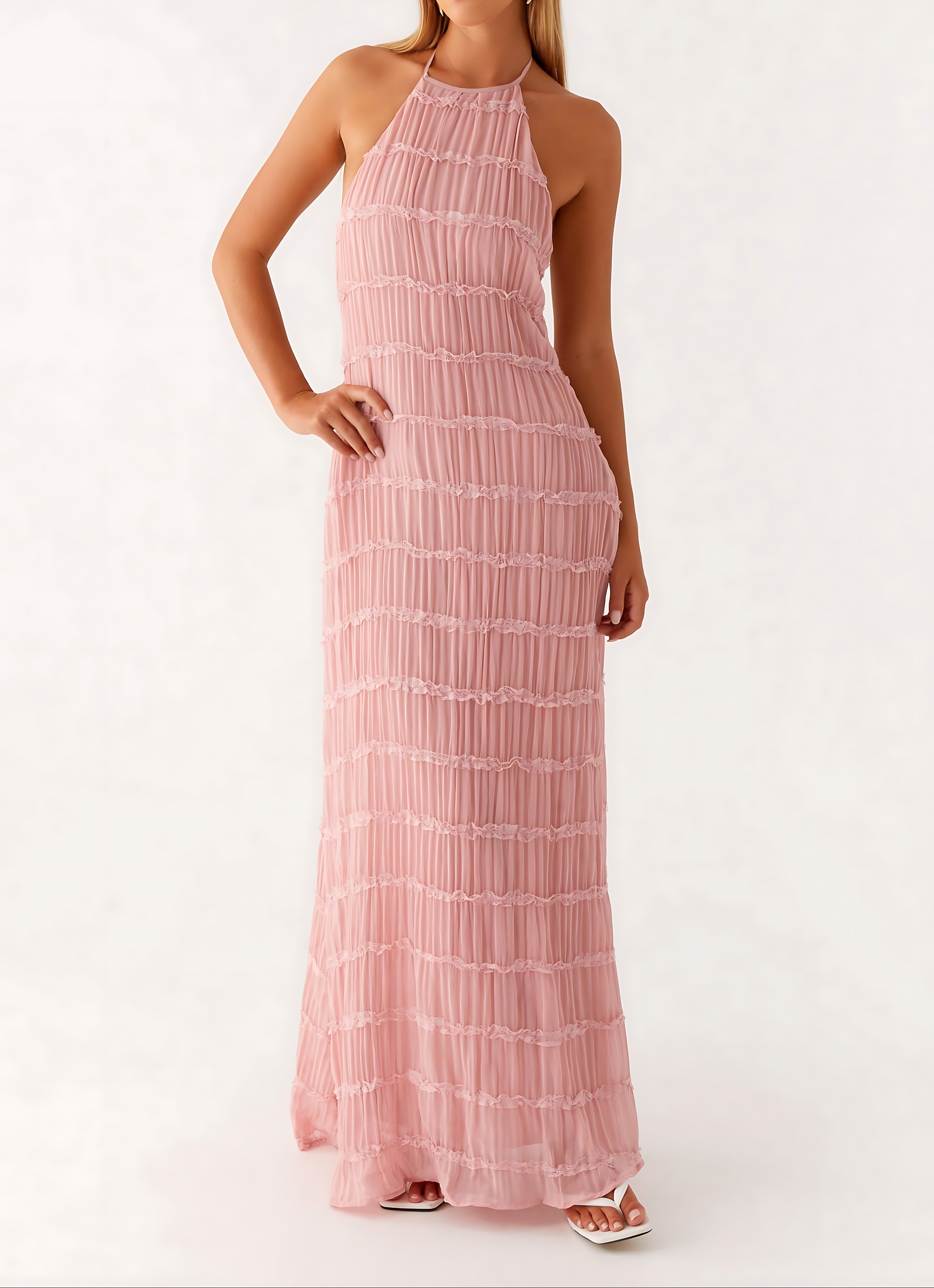 Quinn – Geometric Print Halter Wedding Guest Maxi Dress