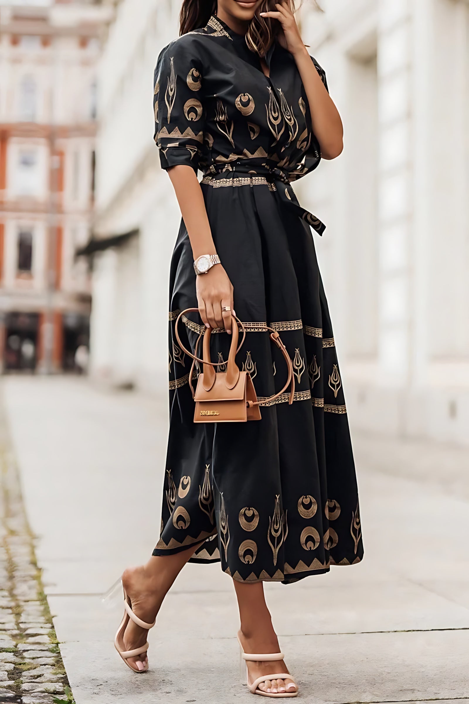 Reagen – Boho Print Long Sleeve A Line Midi Dress