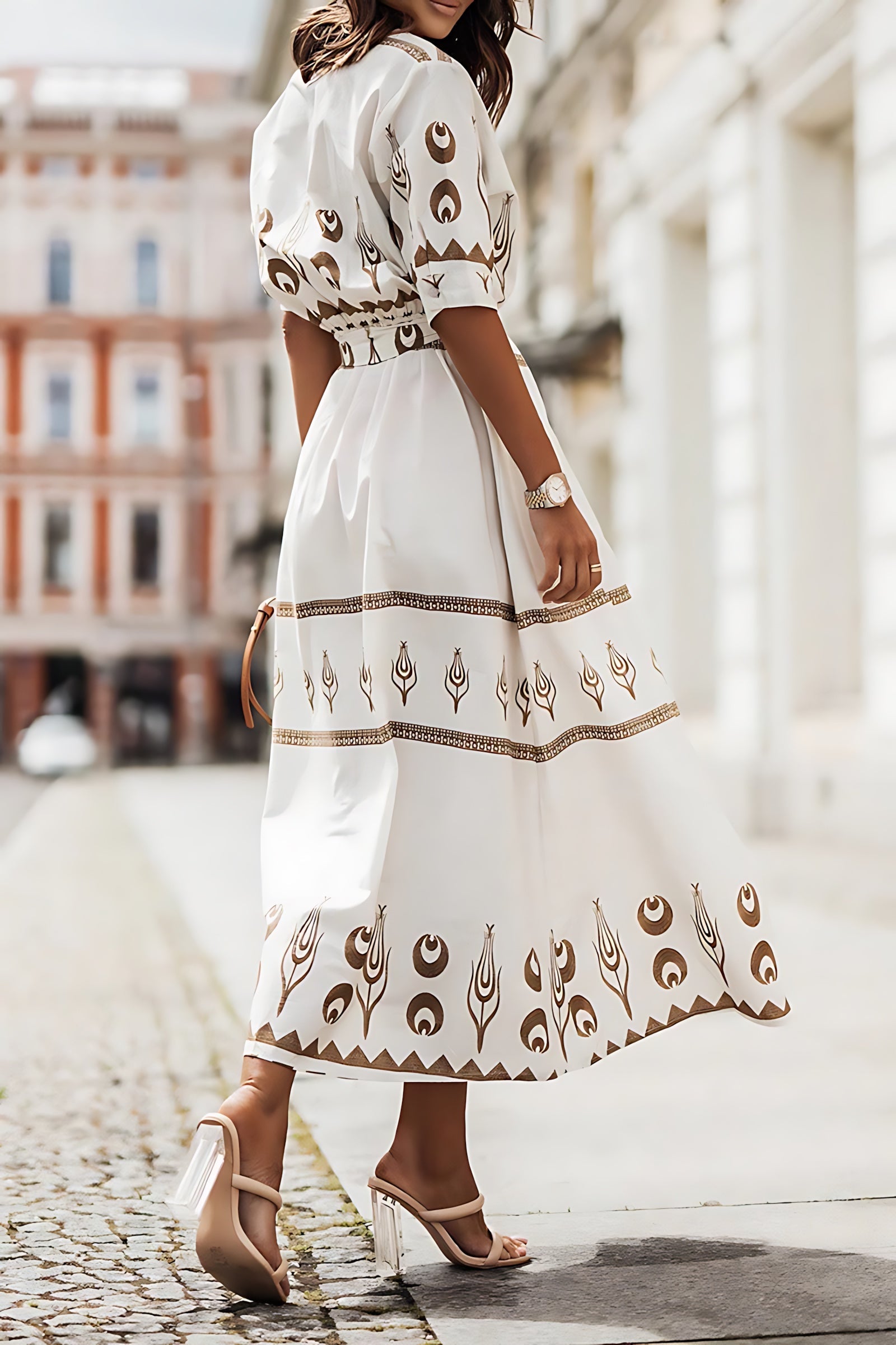 Reagen – Boho Print Long Sleeve A Line Midi Dress