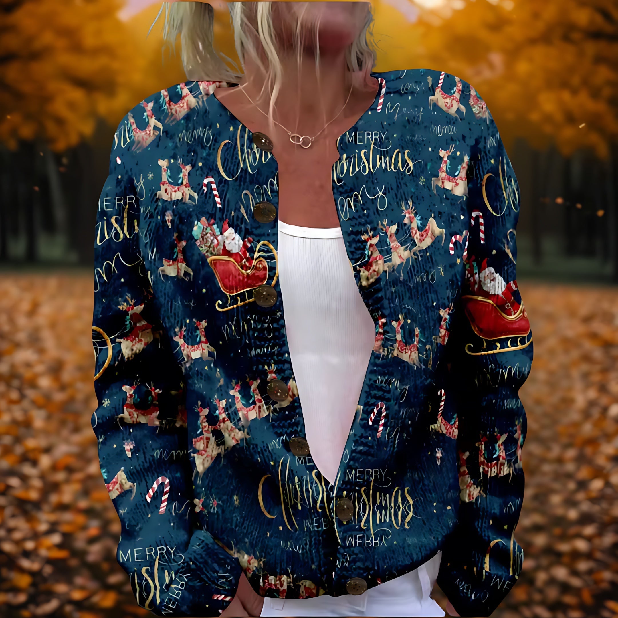 Reagen – Santa Print Button Up Christmas Cardigan