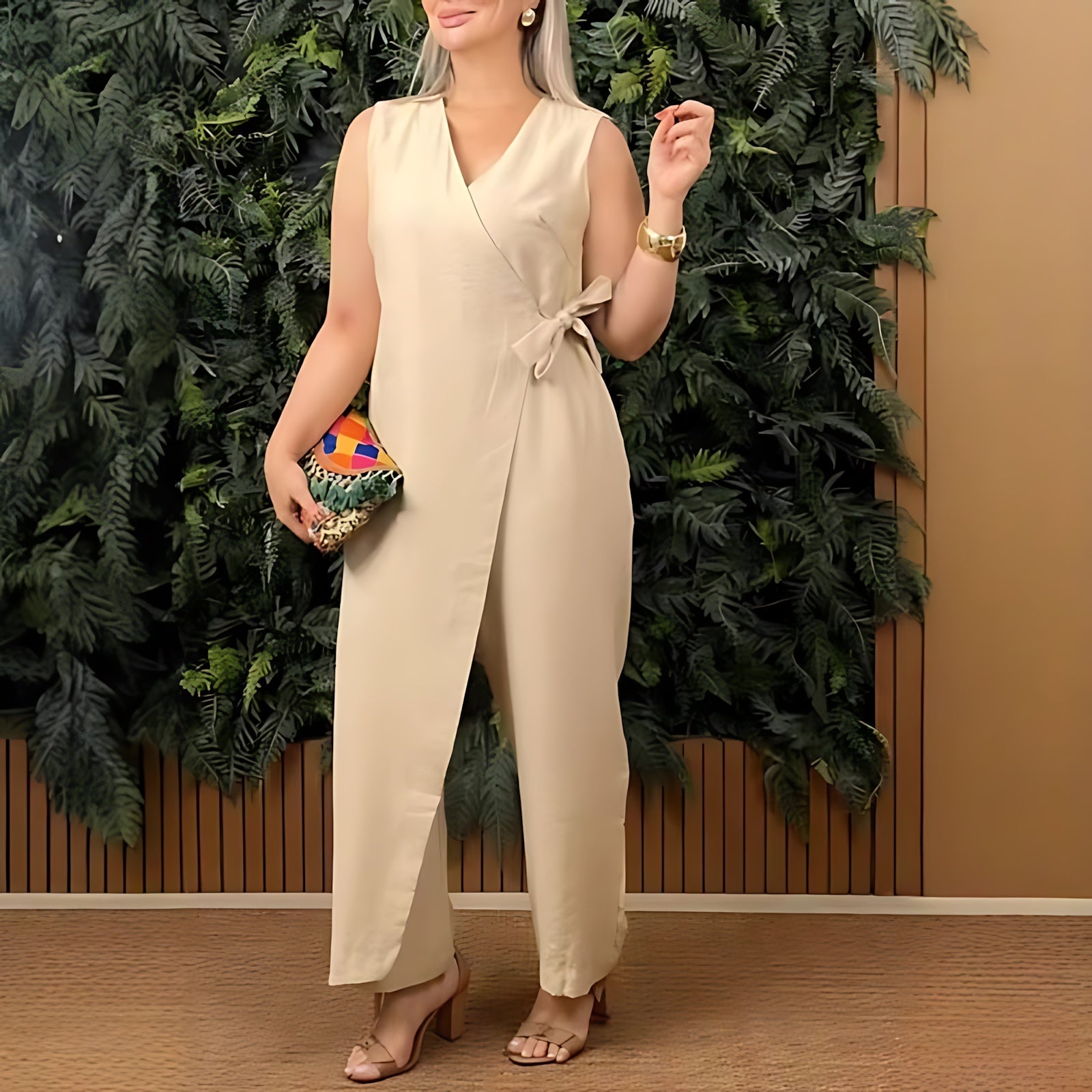 Reagen – Wrap V Neck Tie Waist Casual Jumpsuit