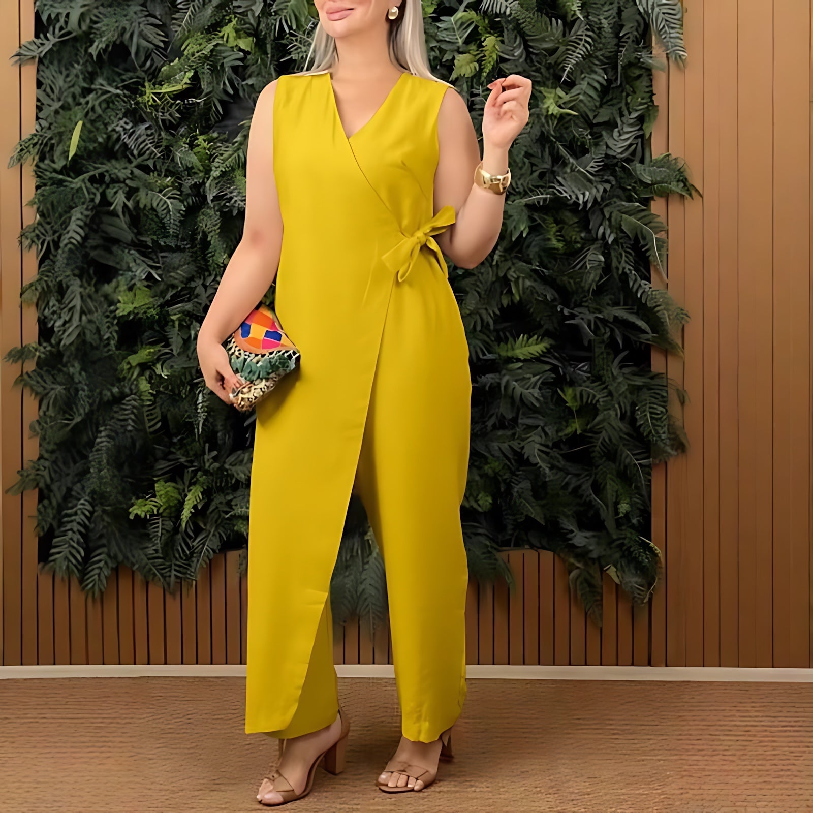 Reagen – Wrap V Neck Tie Waist Casual Jumpsuit