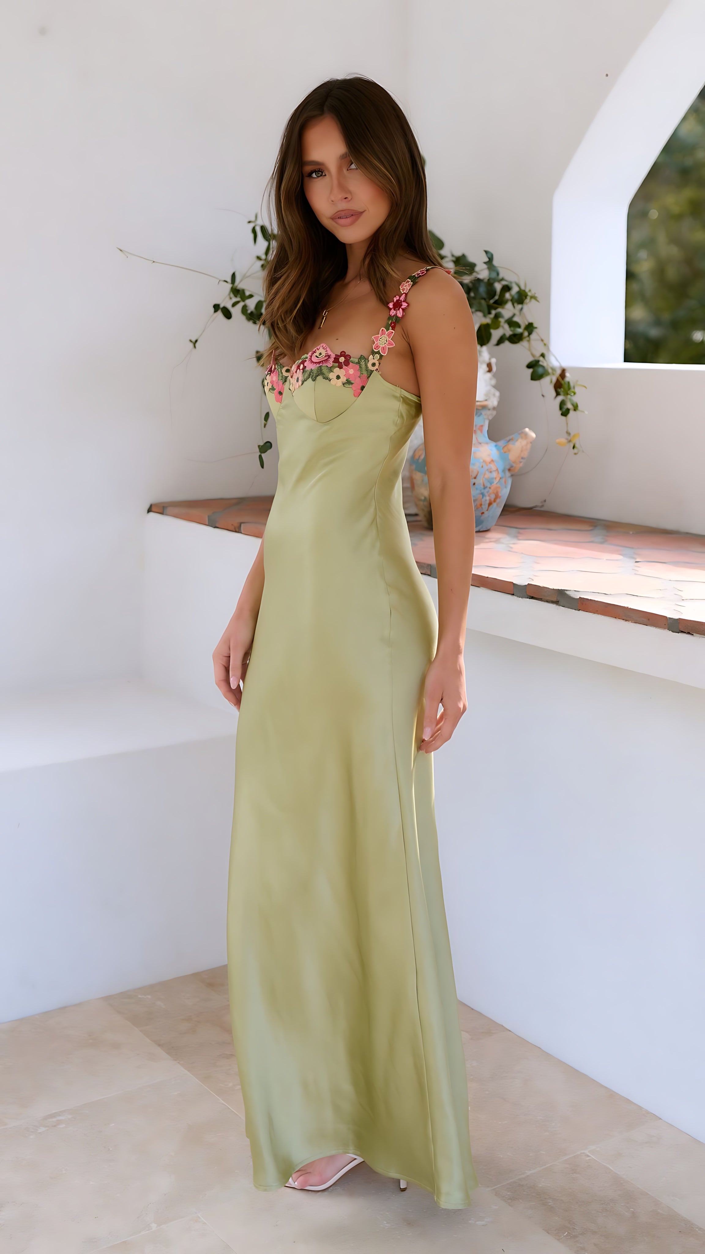 Rebecca – Embroidered Satin Slip Wedding Guest Maxi Dress