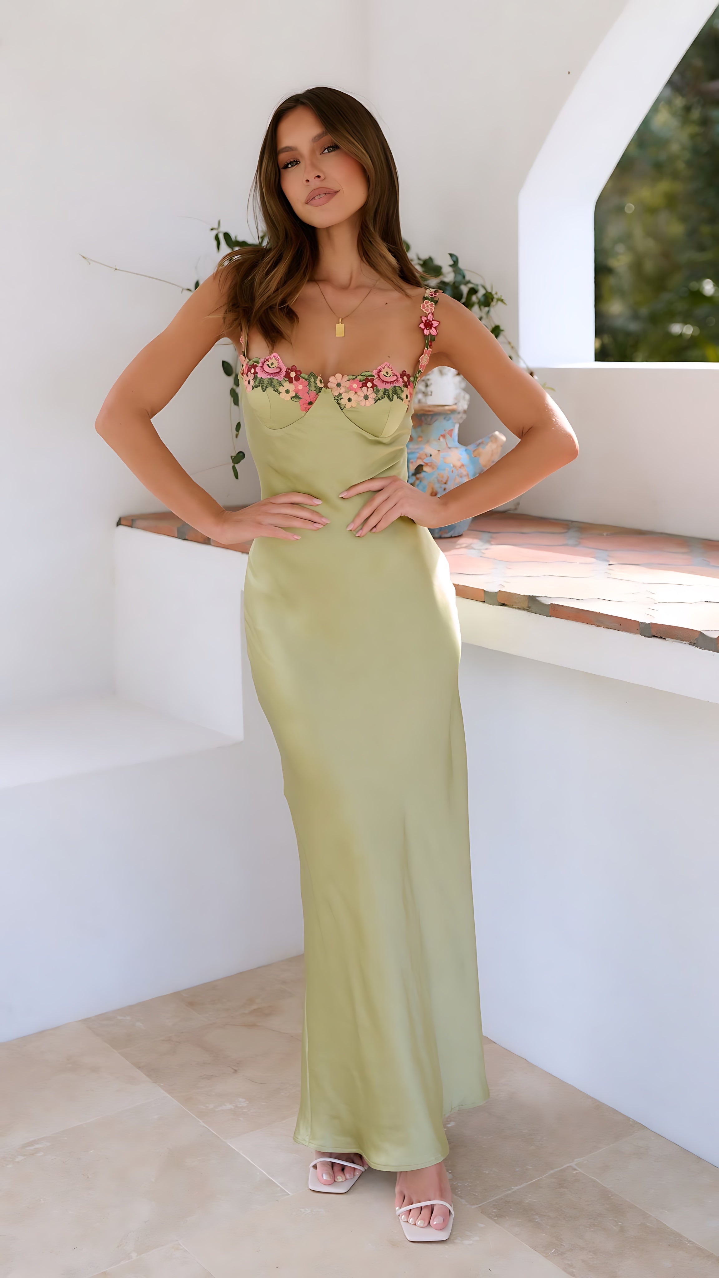 Rebecca – Embroidered Satin Slip Wedding Guest Maxi Dress